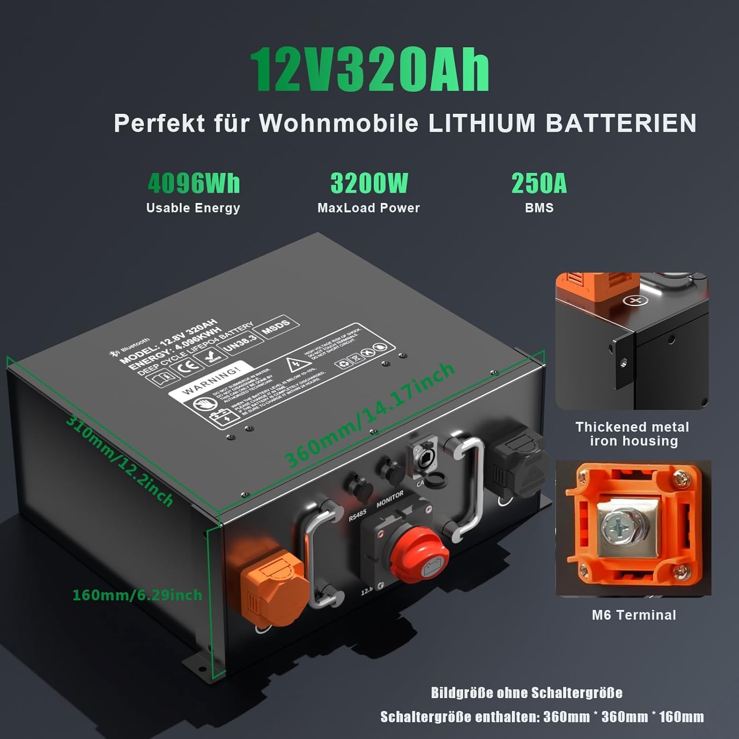 Mjbsan Batterie LiFePO4 320 Ah 12 V, 4096 Wh, certifiée ECE R10 avec BMS 250 A intégré, protection contre les basses températures, 12 000 cycles et durée de vie de 10 ans, pour caravane, solaire