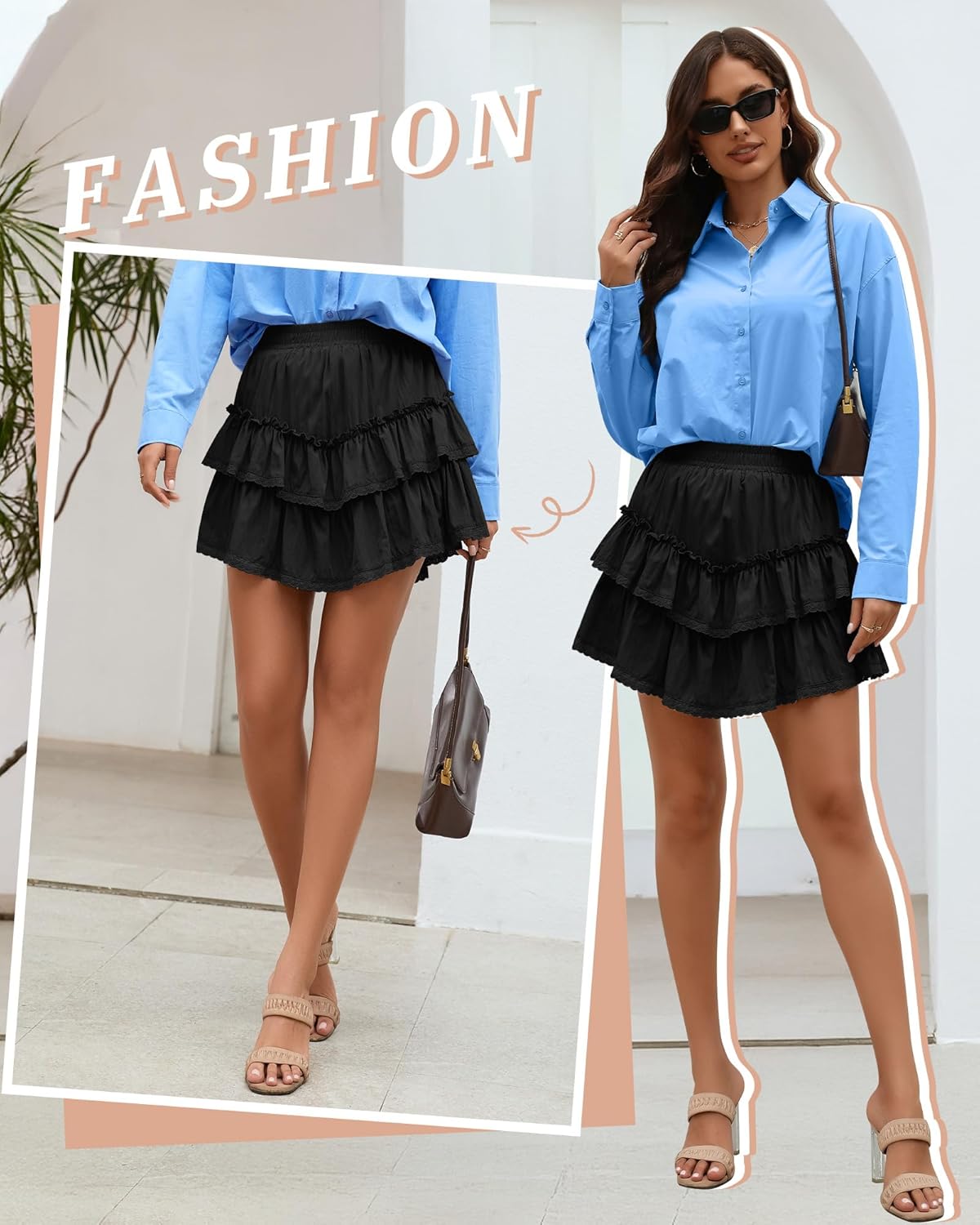 Ficerd Women's Ruffle Flowy Short Skirt Tiered Lace Mini Skorts High Waist Pleated Boho Cute Summer Shorts - Image 6