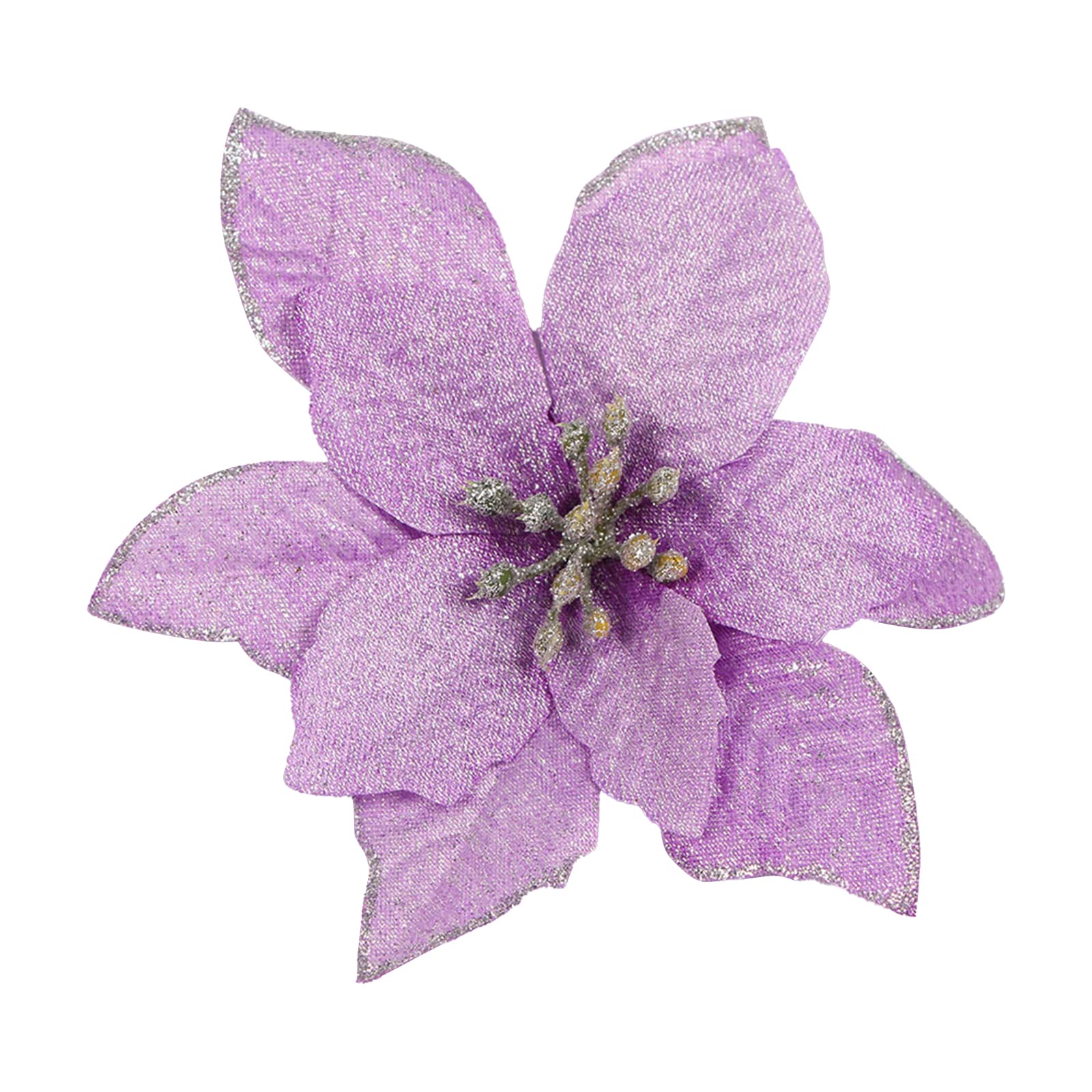 10Pcs Poinsettia Christmas Decorations, 5.1inch Artificial Poinsettia Flowers Heads, Glitter Poinsettia Flowers Christmas Tree Ornaments for DIY Wreath Tree Party Decor(Purples)