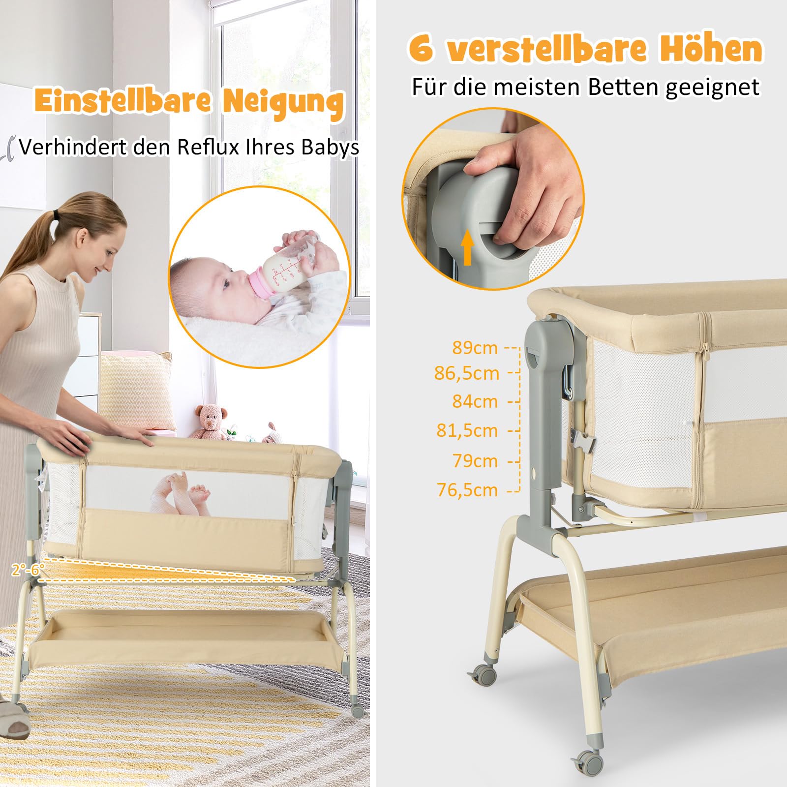 COSTWAY 4 in 1 Babybett mit Moskitonetz, Beistellbett & Babywiege & Stubenwagen & Reisebett mit Matratze, 6 verstellbaren Höhen, Tragetasche, mobiles Kinderbett faltbar für Baby bis 6 Monaten (Beige)