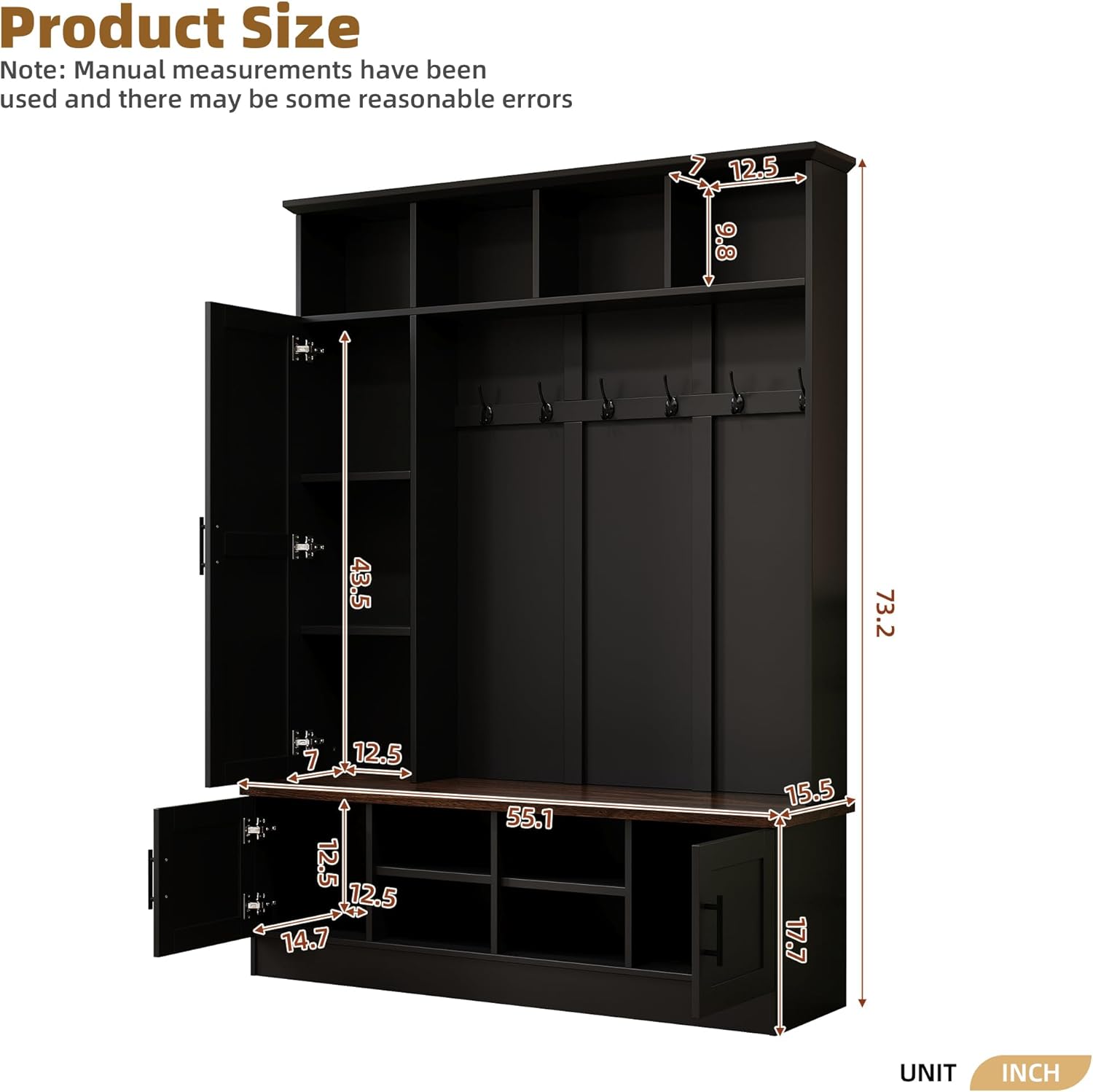 Versatile 3-in-1 Hall Tree with 6 Hooks, Farmhouse Walnut Storage Bench with Adjustable Shelves, 55"W Modern Entryway Coat Rack with Multiple Storage Space for Mudroom, Living Room (Black-RT69)