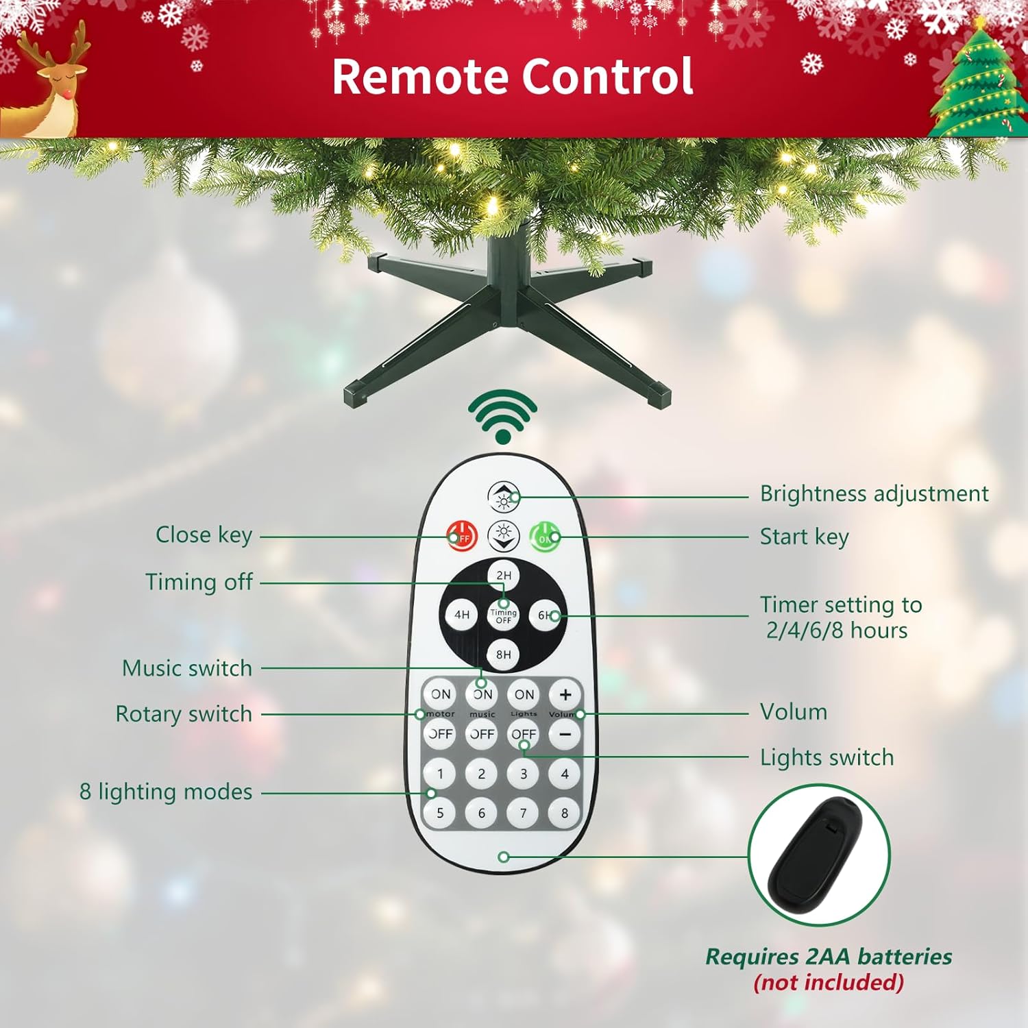 6.5ft Prelit Artificial Christmas Tree with Music, 340 Warm White & Multi-Color LED Lights, 1036 PE+PVC Branch Tips, Remote Control Rotating Stand, 8 Lighting Effects, Timed Design