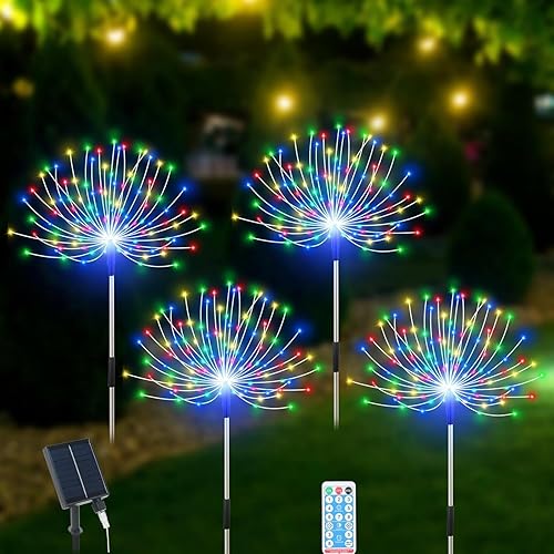 Miniatura 7 de Slyuexu Luces solares de jardín impermeables para exteriores, paquete de 2 120 luces LED solares de fuegos artificiales decorativas con 2 modos