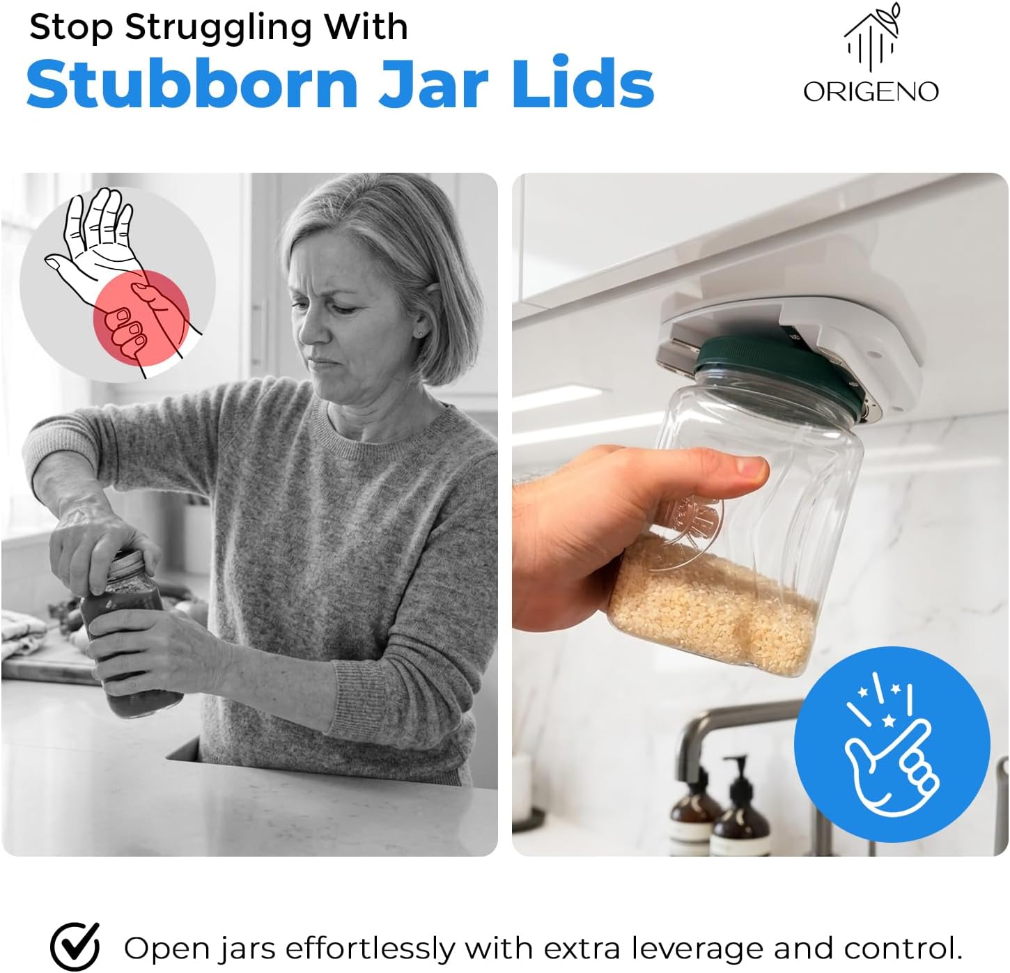 Under Cabinet Jar Opener for Weak Hands, 2-in-1 Jar Opening Set with Non-Slip Silicone Grip Pad, Easy Lid Opener for Seniors & Arthritis Hands