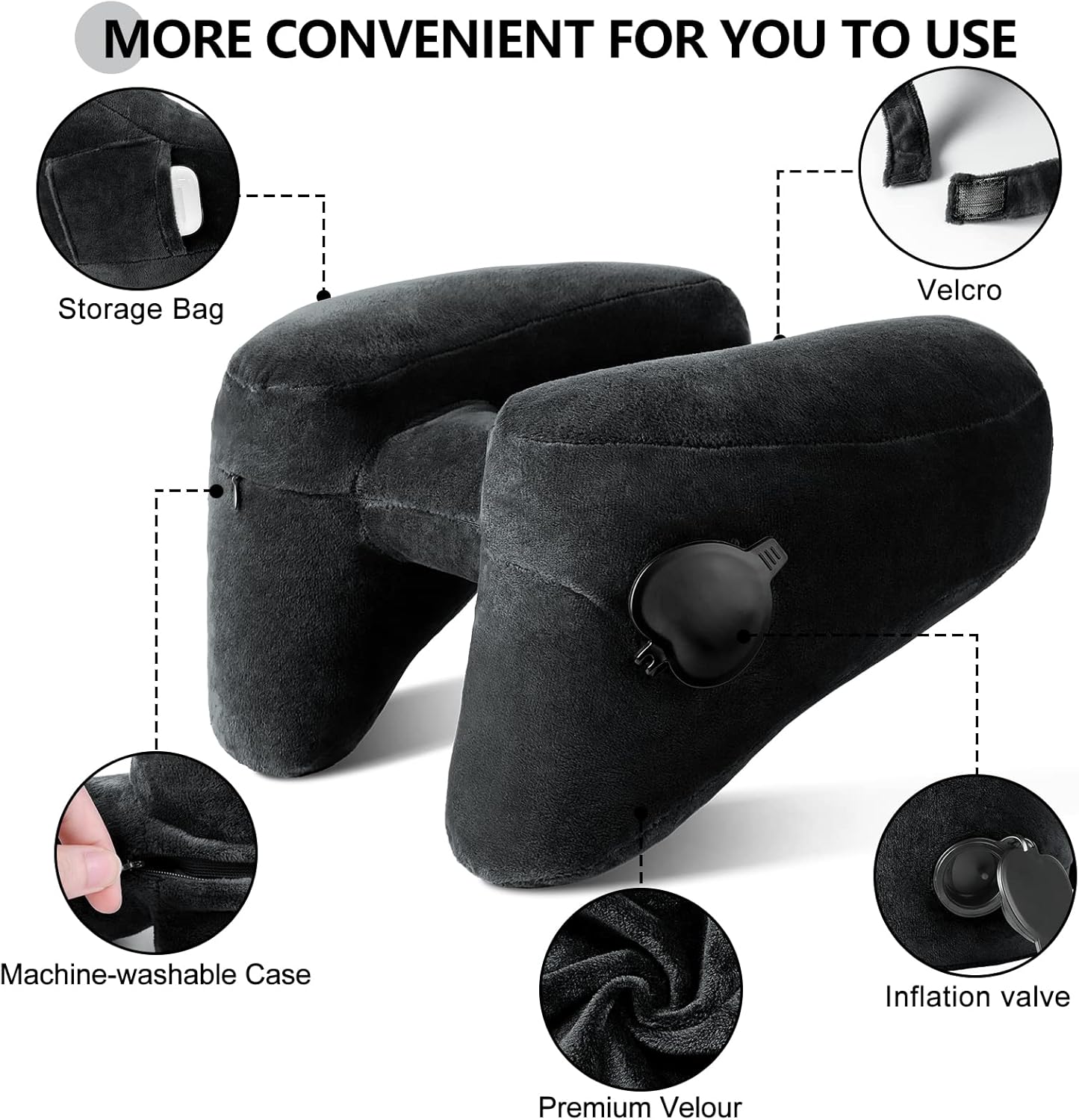 Sunany Neck Pillow for Travel Inflatable Airplane Pillow Comfortably Supports Head,Neck and Chin,Inflatable Travel Pillow with Soft Velour Cover,Portable Drawstring Bag (Black with Hat)