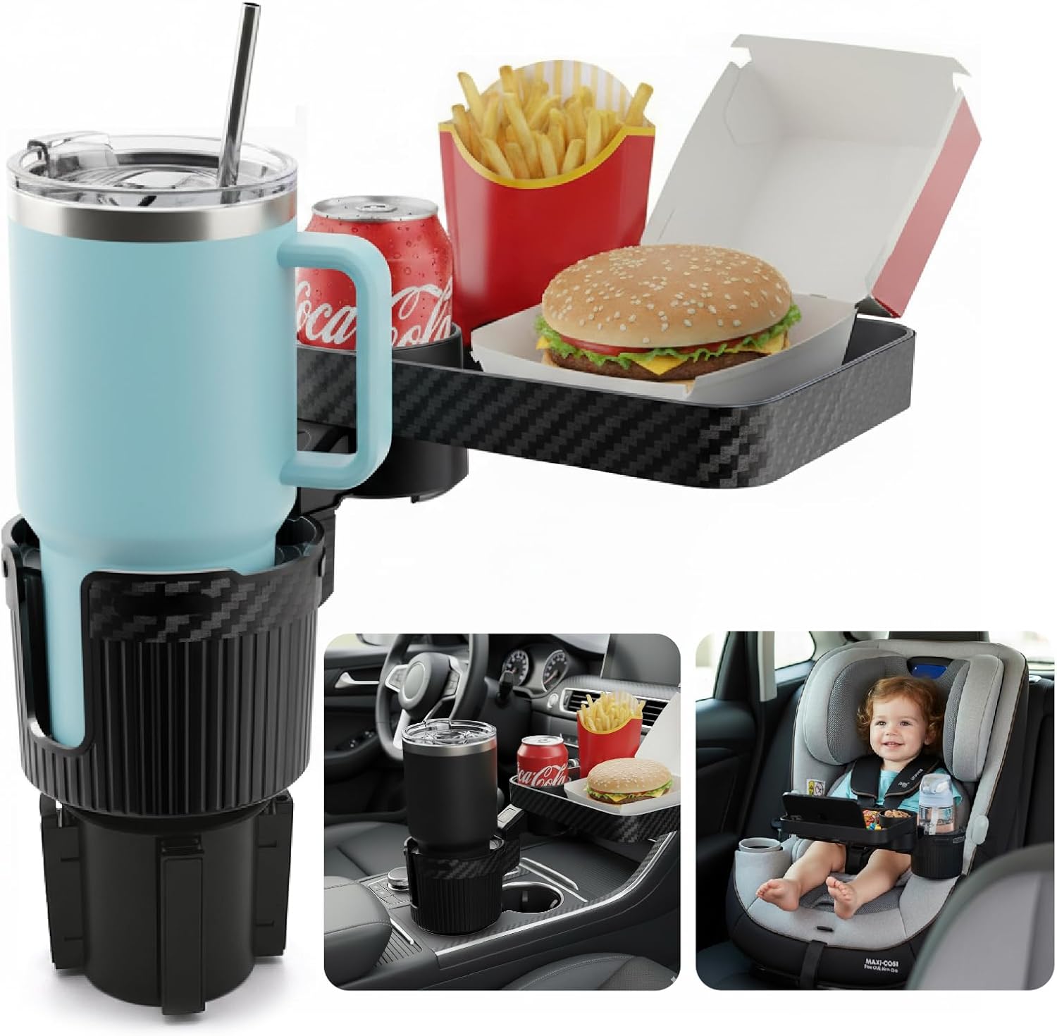 OtterVerz 11 3-in-1 Car Cup Holder Expander Tray - 360° Rotating 10.5" Food Table, Fits Yeti/Hydro Flask 16-46oz, Road Trip Essential