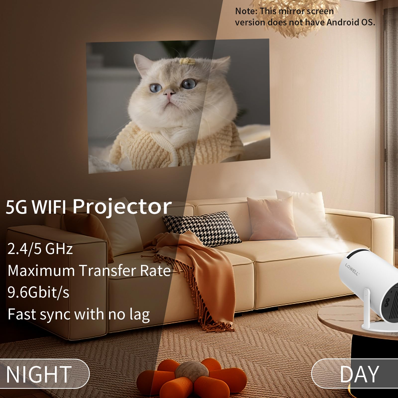 LQWELL Mini projektor, obsługuje WiFi 5G i BT5.0, automatyczna korekcja trapezu, kąt 220 stopni, wyświetlacz 130 cali do telefonu/komputera/laptopa/Xboxa/sticka, obsługa 4K (No Android OS)