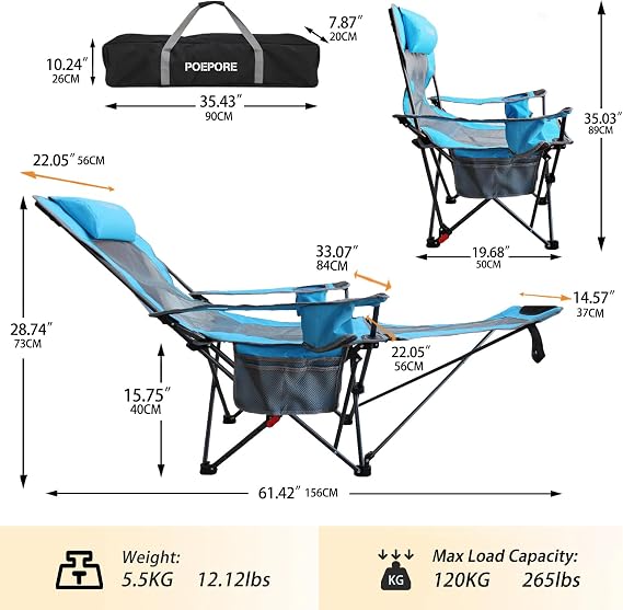 Reclining Camping Chair with Removable Footrest Lounge Chair with Headrest, Cotton Cushion, Portable Adjustable Folding Chairs for Adults Blue