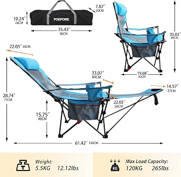 Reclining Camping Chair with Removable Footrest Lounge Chair with Headrest, Cotton Cushion, Portable Adjustable Folding Chairs for Adults Blue