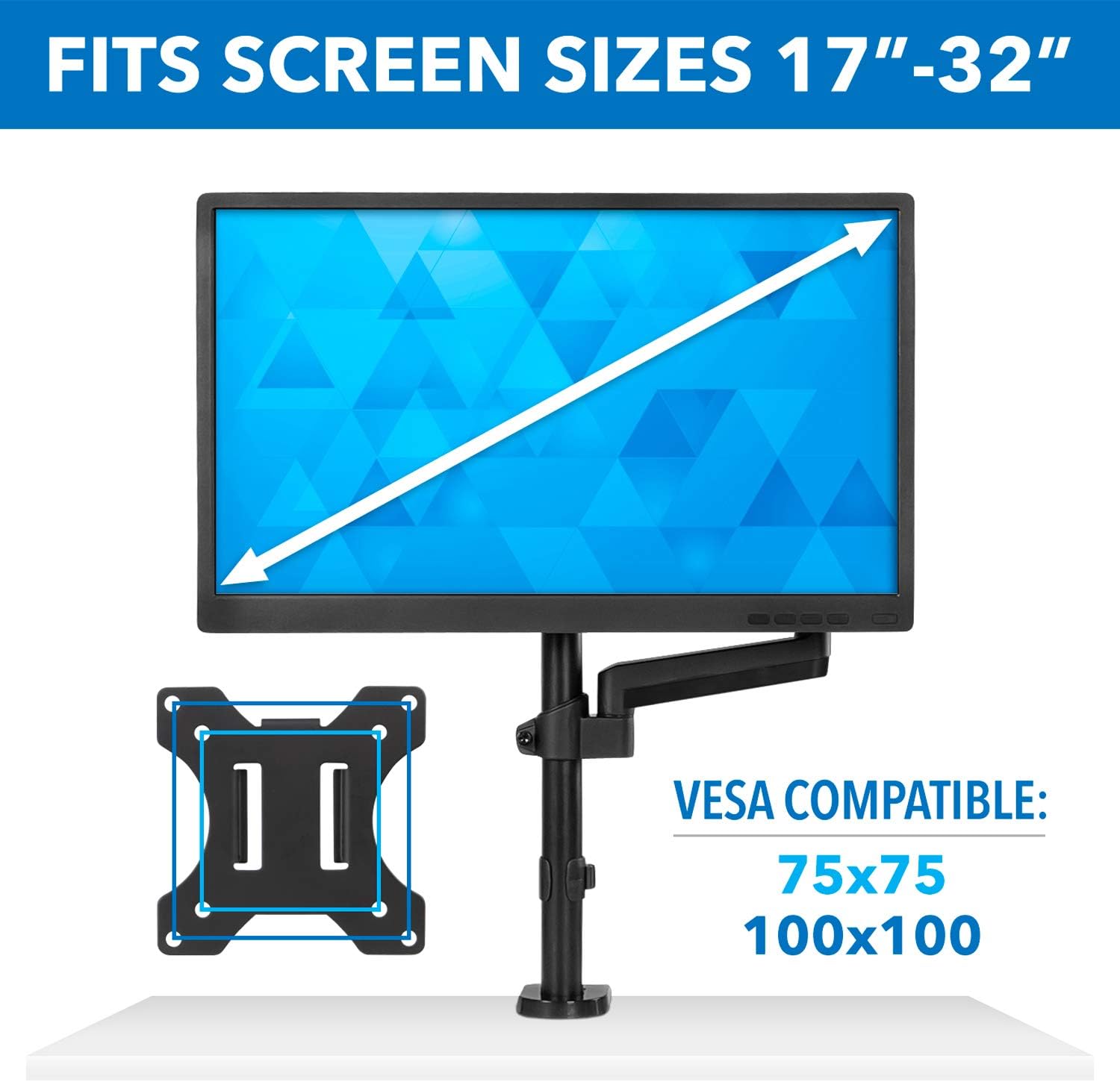 Mount-It! Single Monitor Arm Desk Mount with Gas Spring, Height Adjustable Monitor Stand for 13–32 Inch Screens up to 17.6 lbs, VESA 75x75 & 100x100, Clamp & Grommet