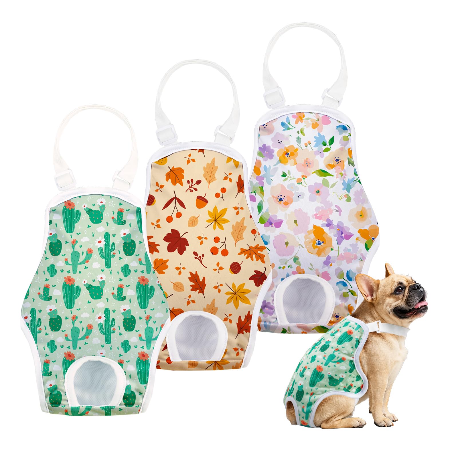 3 Pack Washable Female Dog Diapers with Adjustable Suspender, Reusable Sanitary Panties for Dogs in Heat, Leak-Proof Design for Small Dogs