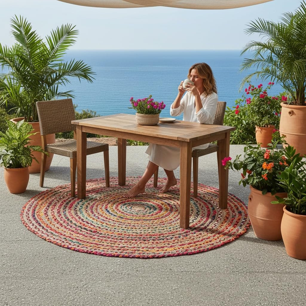 Tappeto Rotondo in Juta e Cotone Multicolore, Intrecciato e Cucito a Mano, Stile Etinco Naturale Tondo Esterno Interno (110_cm_Diametro)