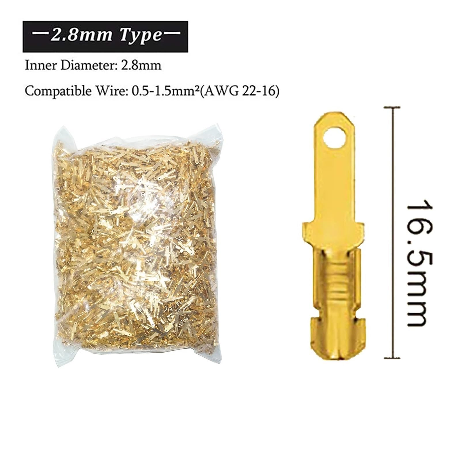 2000 Uds Lote 2,8/4,8/6,3mm Conector de Terminal engarzado Hembra y Macho Conectores Cable eléctrico Altavoz Coche latón Dorado(2.8 Male)