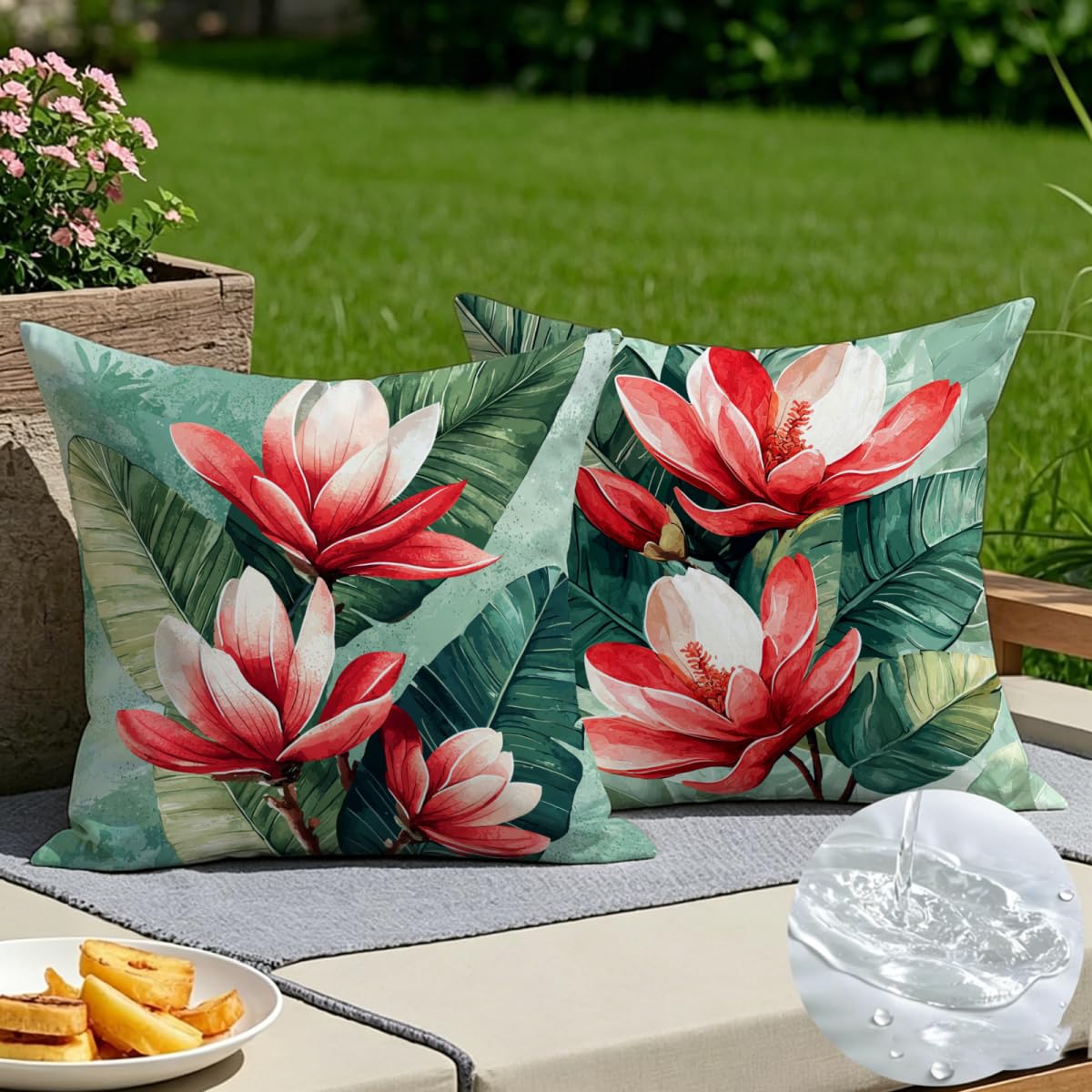 Housse de coussin 50x50 imperméable rouge en lin imprimé fleur pour jardin et canapé (lot de 2)
