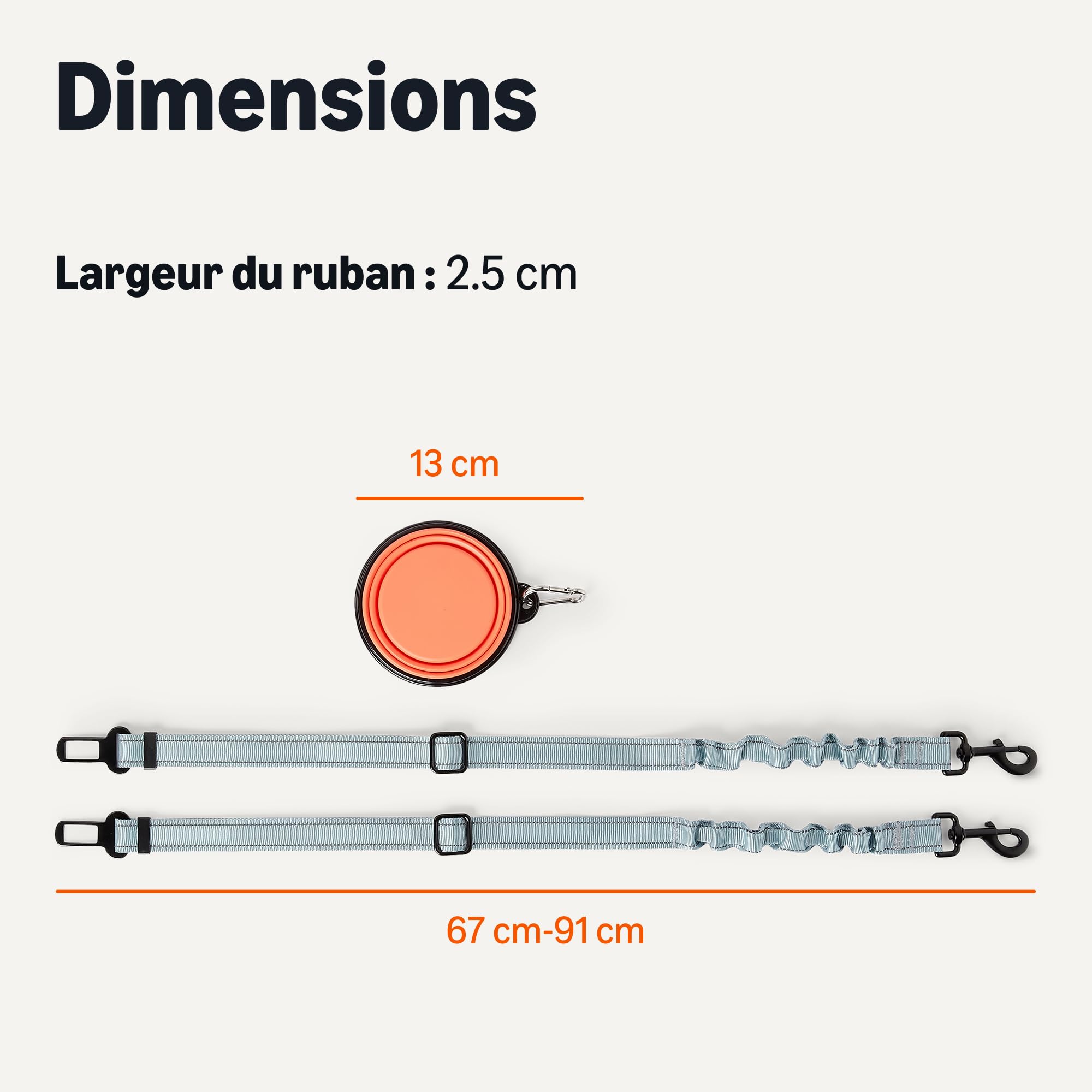 Amazon Basics Ceinture de Sécurité pour Chien, Harnais de Voiture Ajustable pour Chien, Ceinture réglable de 67,0cm, Bol de Voyage Pliable de 13,0cm x 5,5cm/1,5cm, Noir/Bleu/Orange
