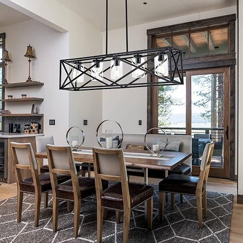 Miniatura 2 de WINSHEN Lámpara de isla de cocina de granja de 5 luces en acabado negro, accesorios de iluminación colgantes lineales rectangulares vintage con