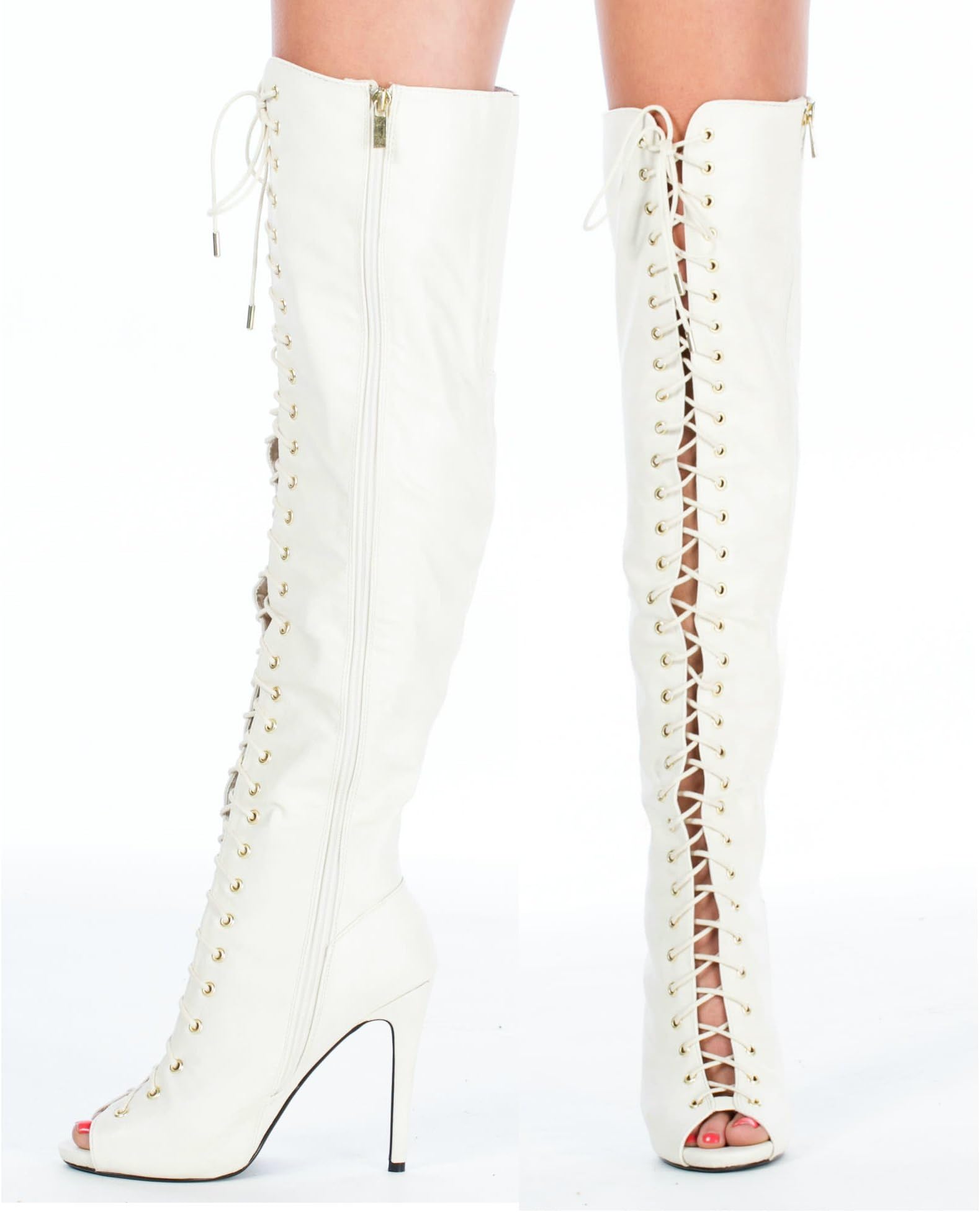 Confidence Womens New Black Vixen Lace up Peep Toe Thigh Over The Knee High Stiletto Boots