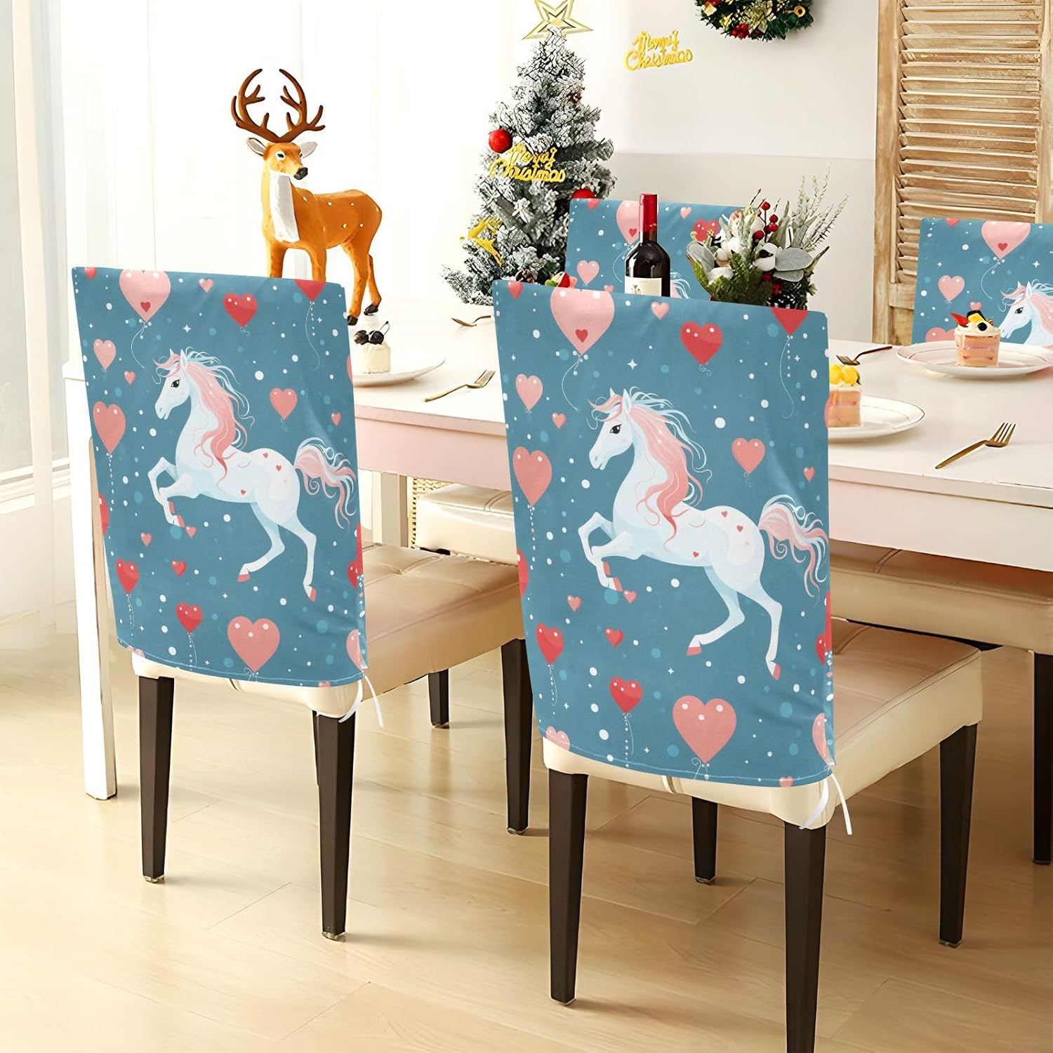 ALAZA Horse Bubbles and Hearts Chair Back Cover Set of 6, Washable Reusable Removable Chair Slipcovers Decorative Chair Cover for Home Kitchen Wedding Party