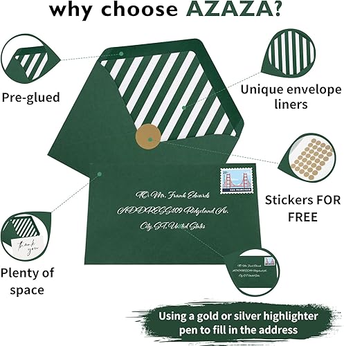 Miniatura 3 de AZAZA Tarjetas de agradecimiento con sobres, elegantes forros ensamblados, paquete de 50 tarjetas de agradecimiento de boda verdes de 4 x 6