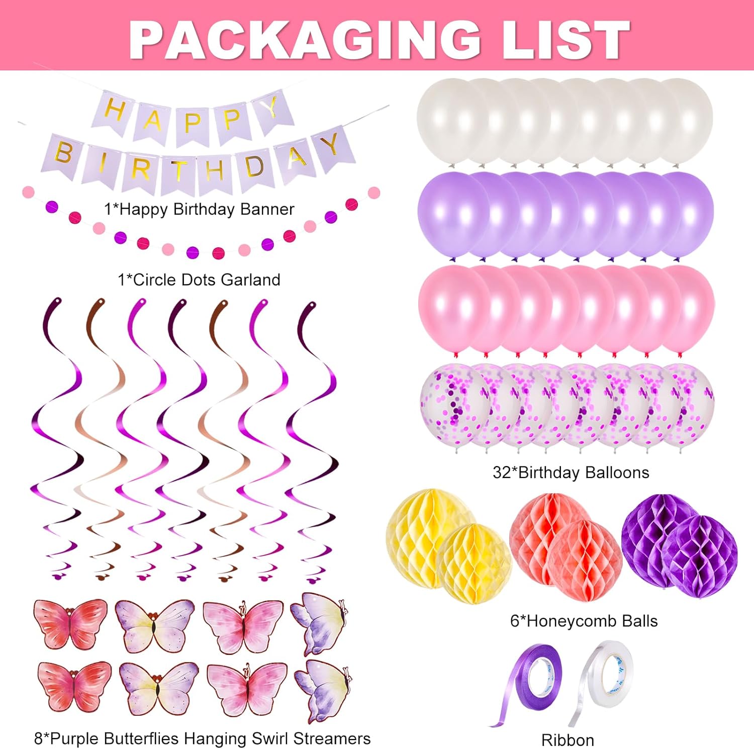 Purple Pink Birthday Party Decorations for Women Girls, Happy Birthday Banner with Balloons, Paper Honeycomb Balls, Butterfly Hanging Swirl Streamers, Circle Dot Garland or Party Decor - Image 3