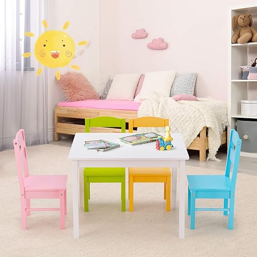 Miniatura 9 de Costzon Juego de mesa y silla para niños, mesa de actividades de madera de 5 piezas y sillas para artes infantiles, manualidades, tareas, merienda,
