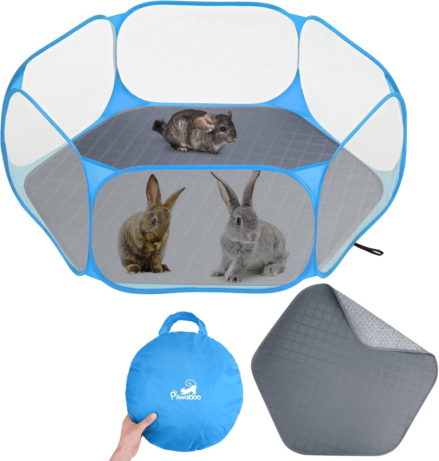 Pawaboo Small Animals Playpen with Pad, Waterproof Small Pet Cage Tent with Reusable Pad, Portable Outdoor Yard Fence for Chick/Kitten/Puppy/Guinea Pig/Rabbits/Chinchillas, Blue+Gray