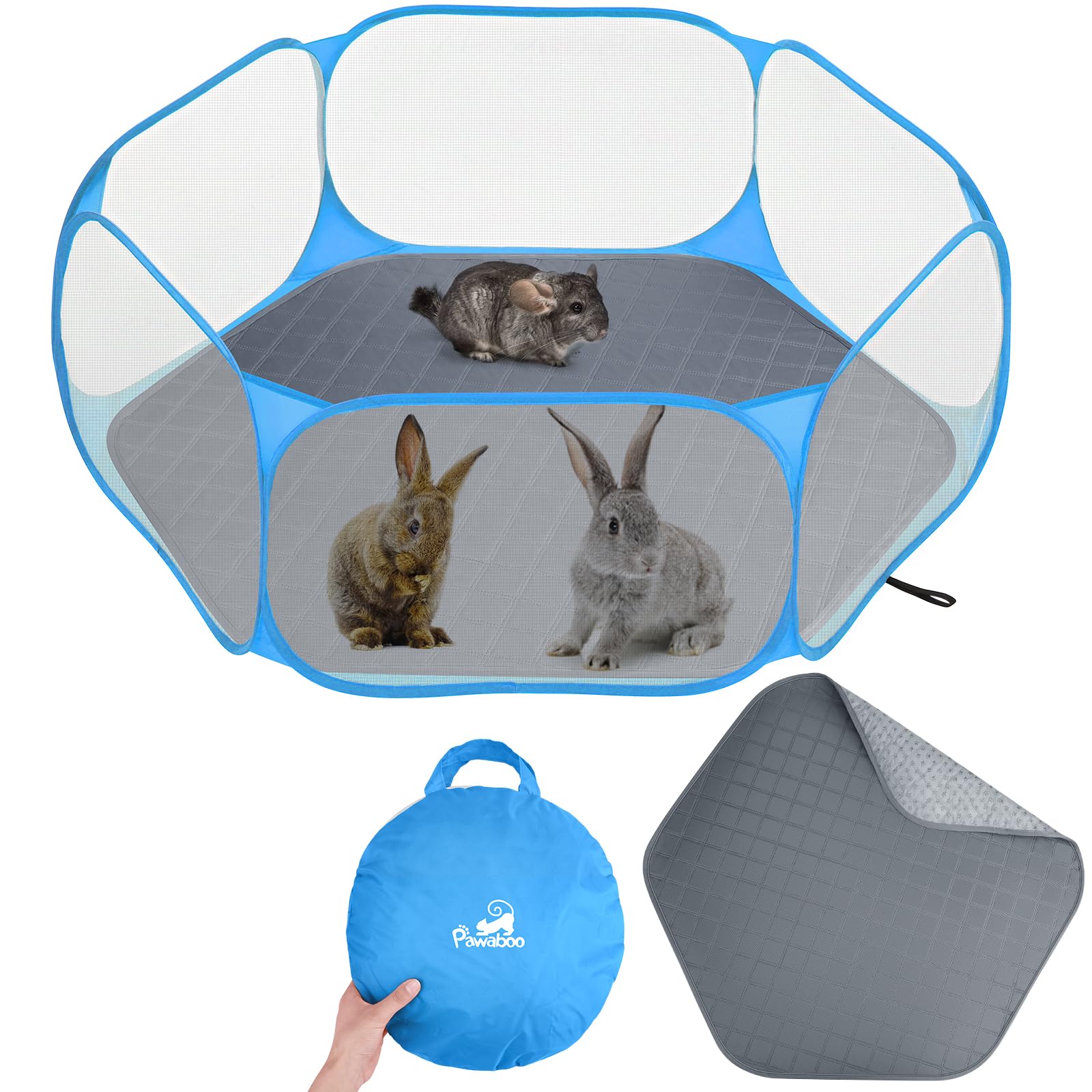Pawaboo Small Animals Playpen with Pad, Waterproof Small Pet Cage Tent with Reusable Pad, Portable Outdoor Yard Fence for Chick/Kitten/Puppy/Guinea Pig/Rabbits/Chinchillas, Blue+Gray — image 1