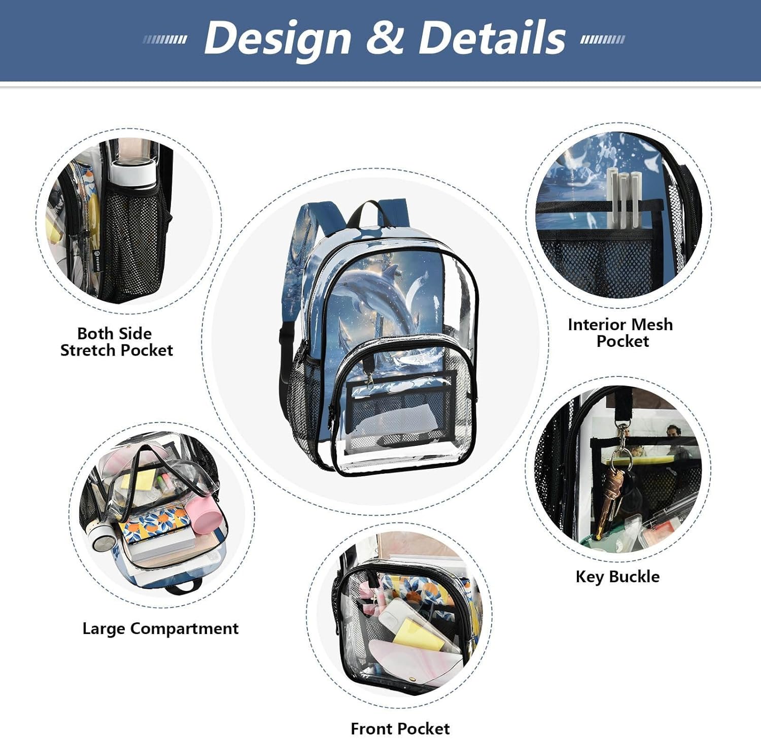 Dolphin Anchor Ocean Sea Clear Backpack Heavy Duty See Through Transparent PVC BookBag for Kids Boy Girl School Work