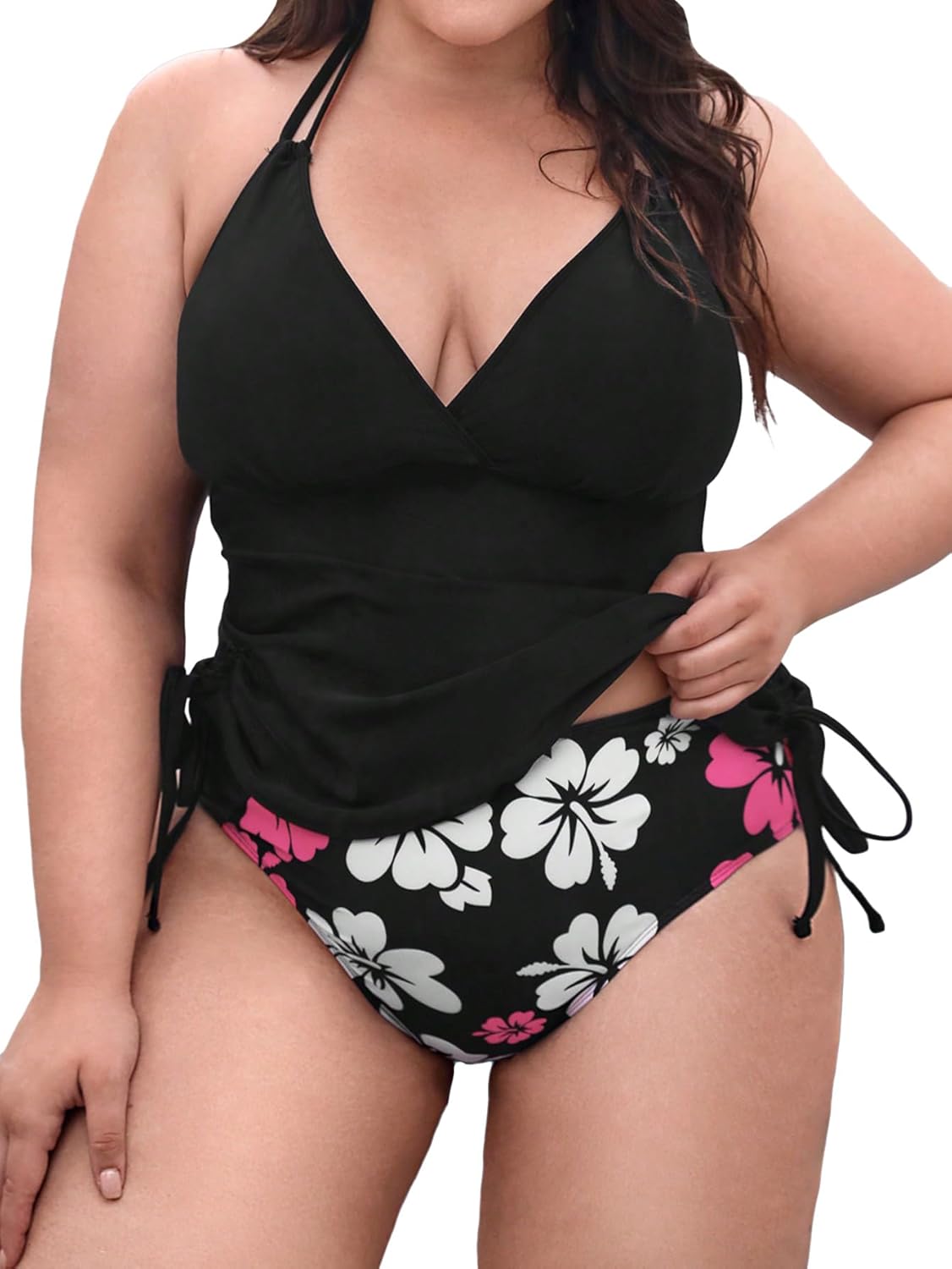 MakeMeChic Women's Plus Size Tropical Swimsuit 2 Piece Tankini Sets Drawstring Side Halter Swim Top High Waisted Bathing Suit Large Plus Black and White