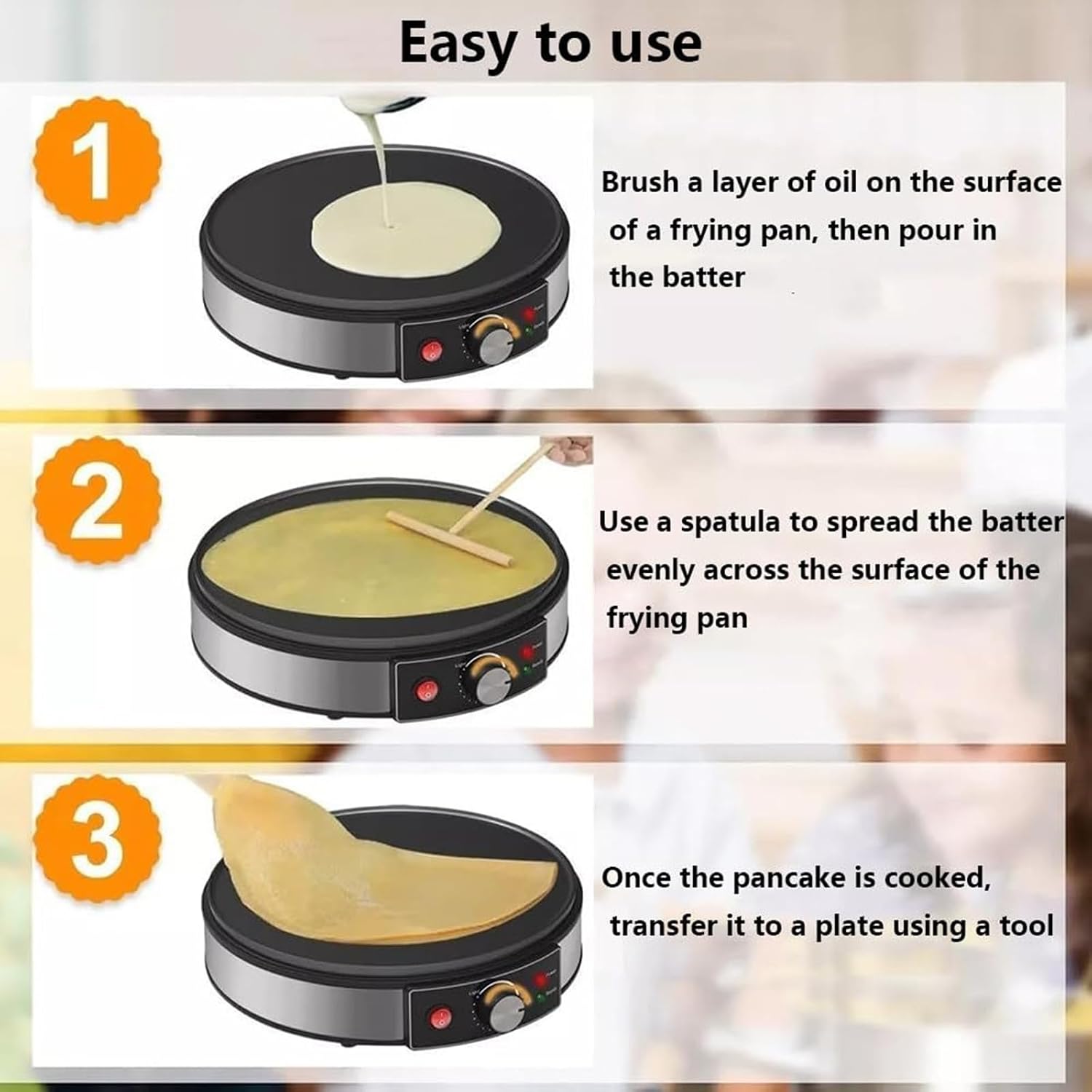 12-Inch Electric Crepe Maker and Pancake Griddle, Non-Stick Breakfast Machine with Adjustable Temperature, 1000W Hot Plate for Thin Crepes/Eggs, Includes Spreader and Spatula