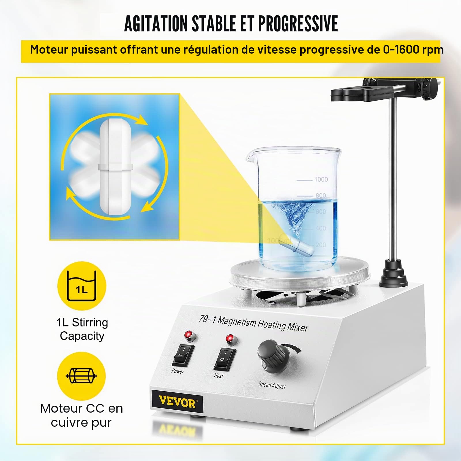 VEVOR Agitateur Magnétique 1 L Mélangeur Magnétique à Plaque Chauffante 70 ℃, Agitateur de Laboratoire avec Barre d'Agitation, Vitesse d'Agitation Réglable 0-1600 tr/min, pour Recherche Étude Labo
