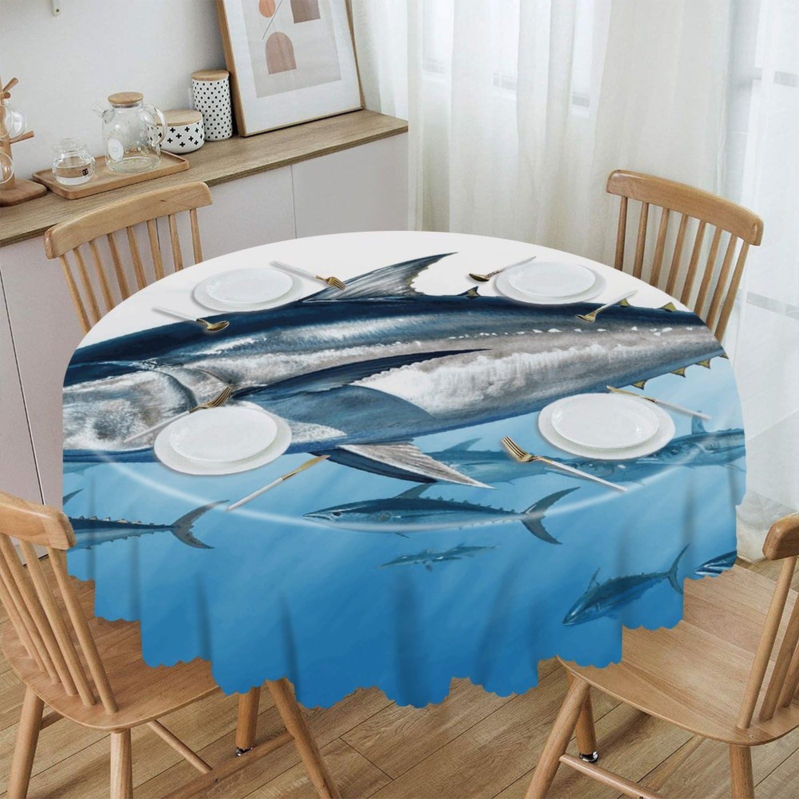 FekiLoot Bluefin Tuna Thunnus Round Tablecloths 60 Inch Resistant Washable Polyester Table Cloth Style Decorative Circle Fabric Table Cover for Dining Kitchen Party Farmhouse Outdoor