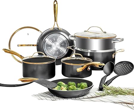 Gotham Steel 15 Pc Ceramic Pots and Pans Set Non Stick - Black Gold