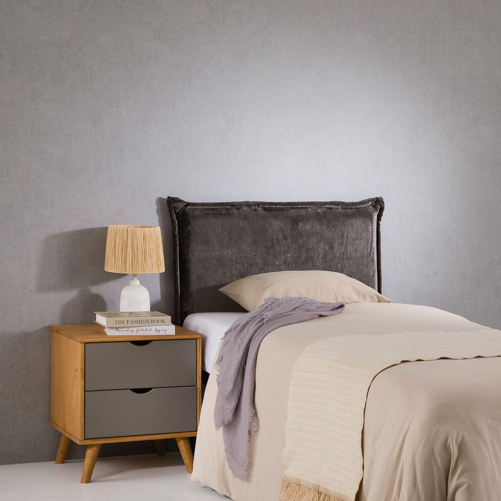 IDIMEX Tête de lit DELMO 90 rembourrée, en Tissu Polyester pour lit 90 cm, sur Pieds en Bois, Gris