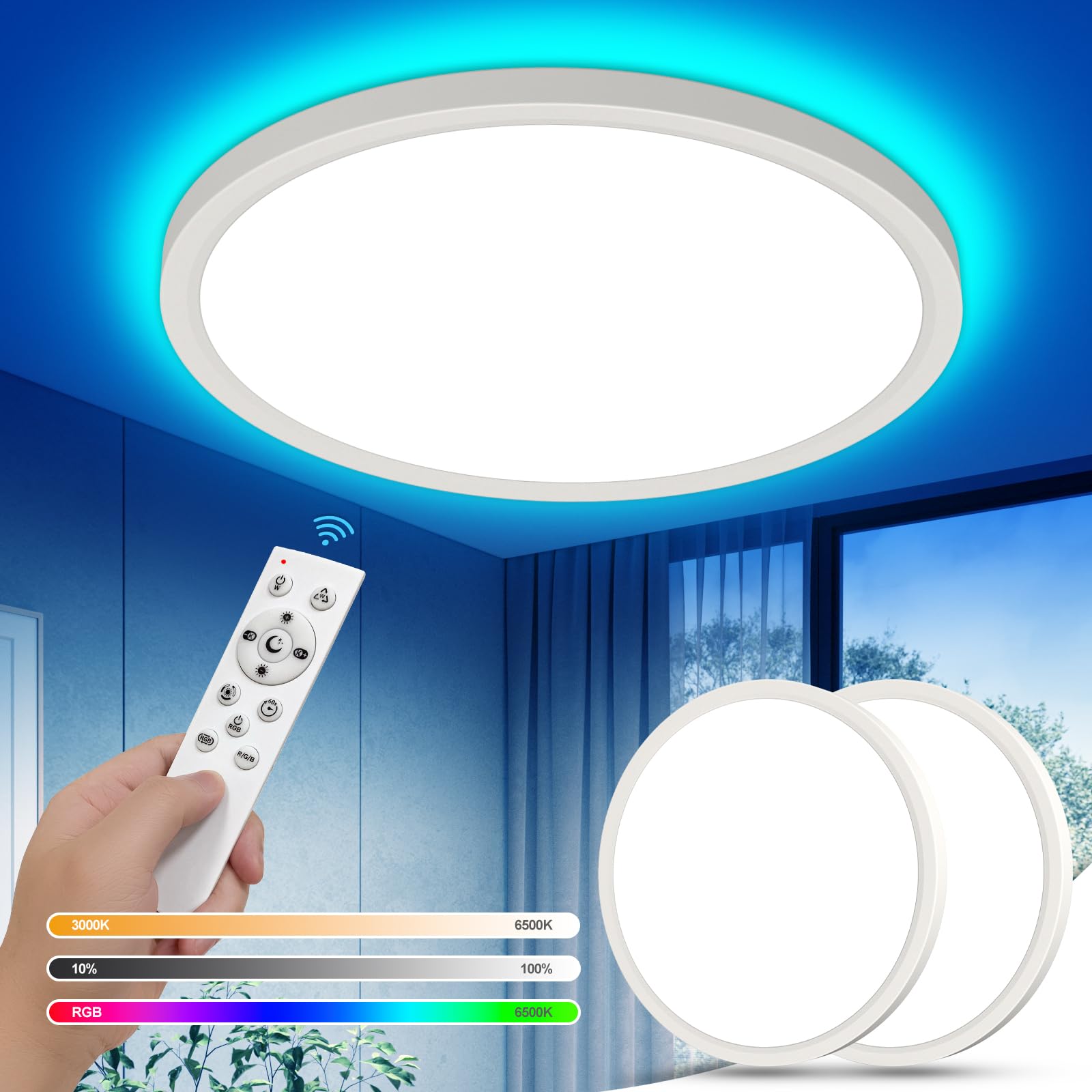 YiLaie Pack 2x Plafon LED Techo Regulable 24W,RGB Cambio Color Redonda Lámpara de techo,3000K-6500K lampara techo dormitorio,IP44 Impermeable,Ø30CM,Para Salón Cocina Baño