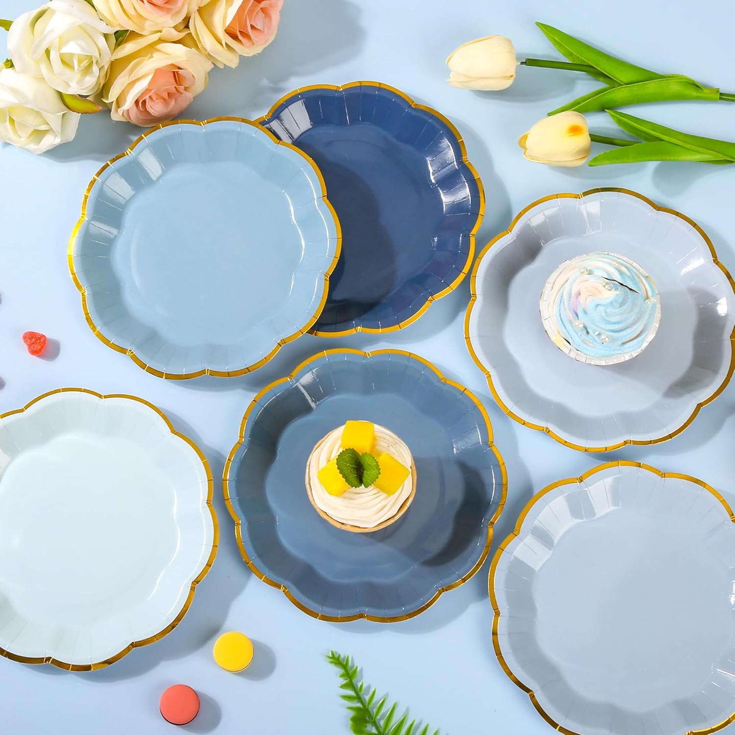 48 Pcs Dusty Blue Scalloped Party Plates - 7 Inch Gradient Blue Dessert Paper Plates with Gold Foil Disposable Cake Plate Decorative Dinner Serving Plate for Baby Shower Wedding Bridal Shower - Image 3