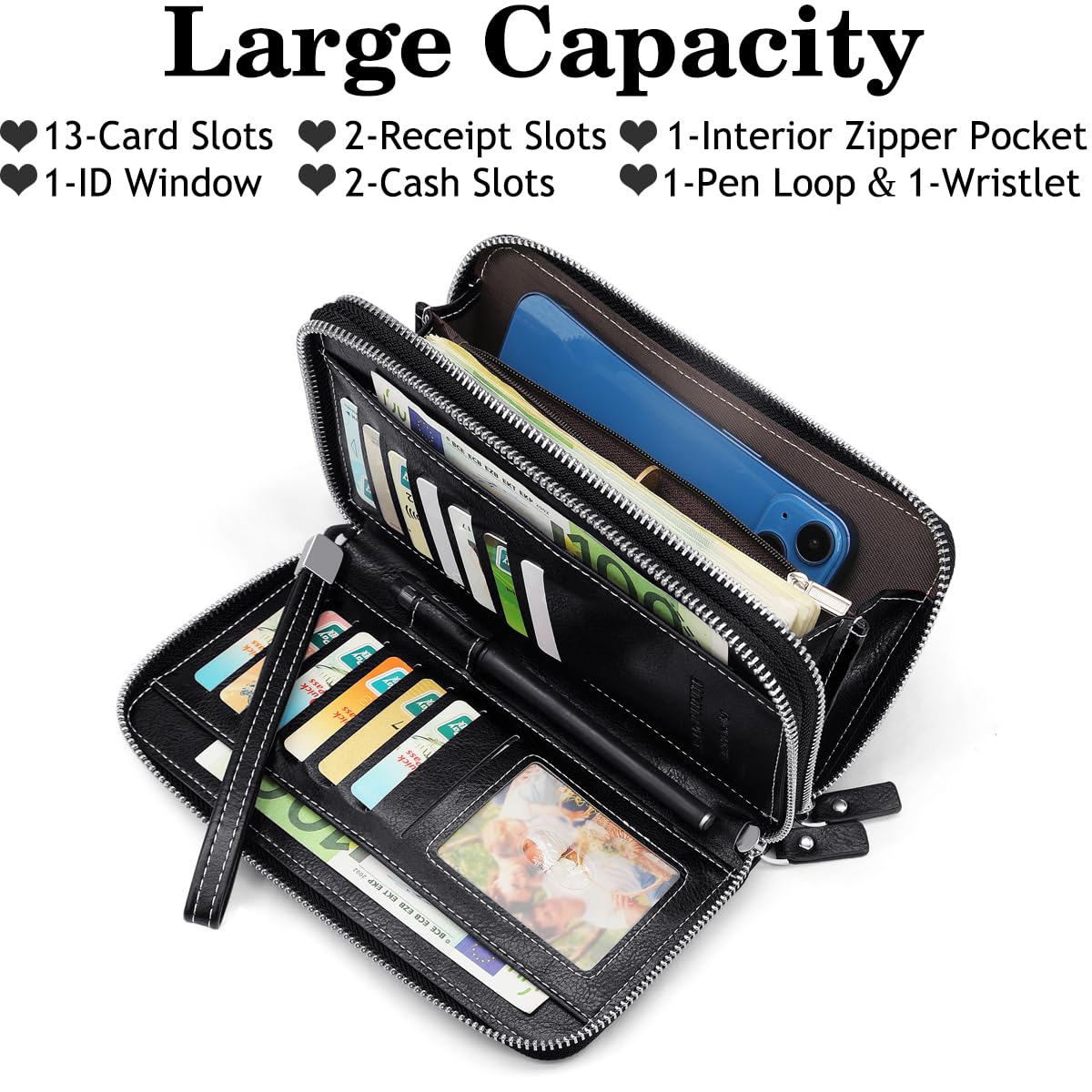 HNOOM Portafoglio Donna in Pelle PU Grande Capacità con Cerniera, Bloccaggio RFID, Elegante Portamonete con 14 Scomparti per Carte (Nero)