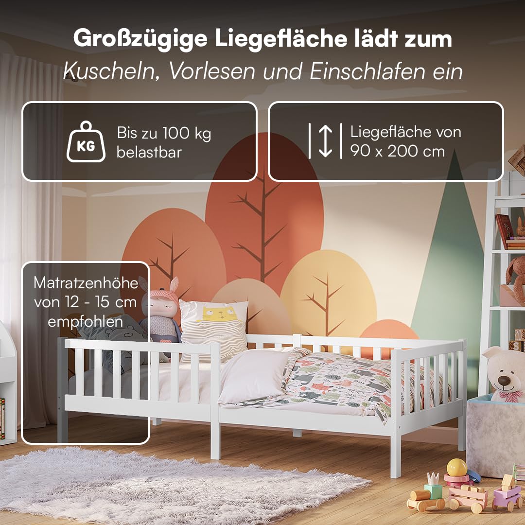 Bellabino Vere Kinderbett 90x200 cm – Montessori Bett mit Rausfallschutz & Lattenrost – Massives Kinder Bett für Jungen & Mädchen aus Holz Kiefer – Kleinkindbett in Weiß