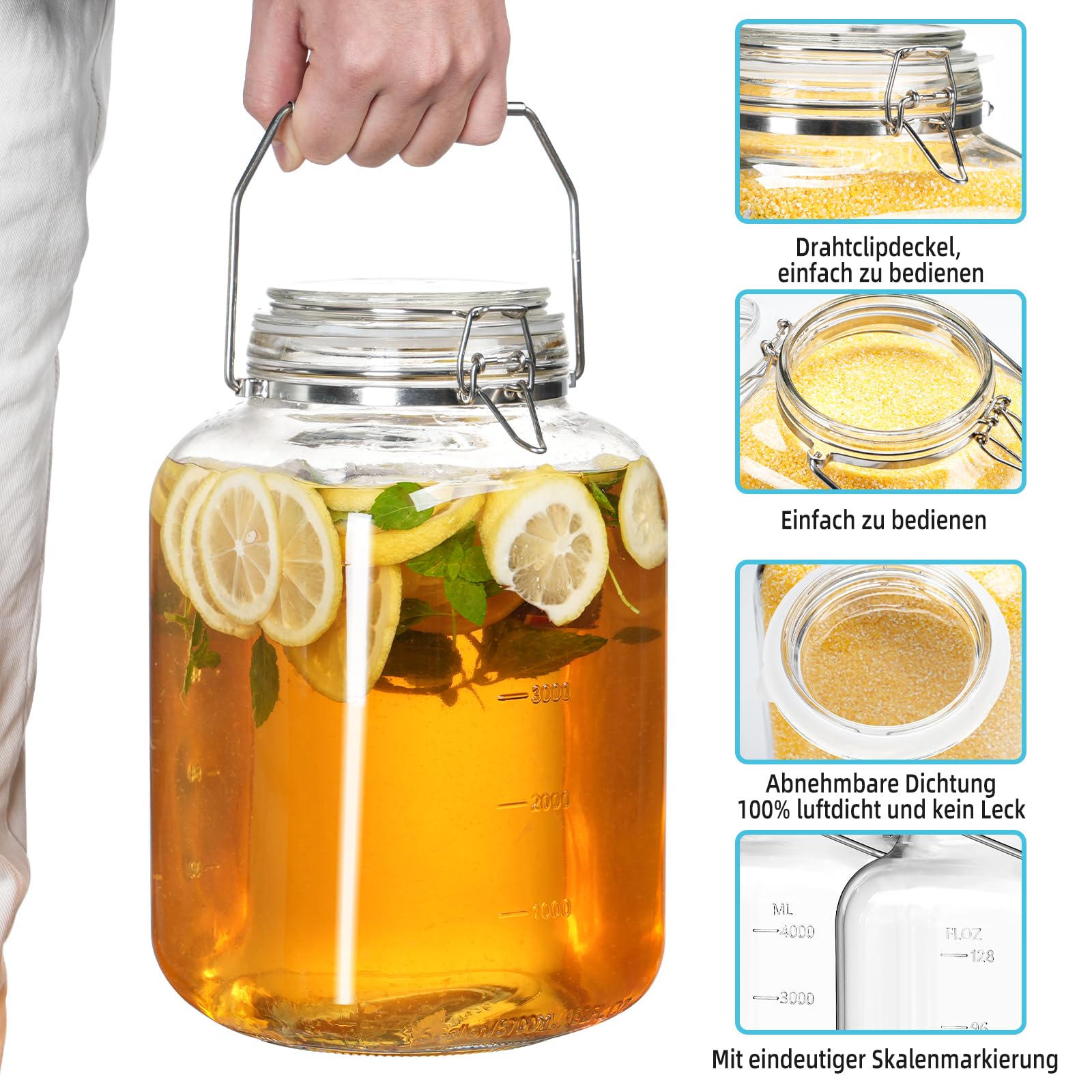 Absovetu Einmachglas mit Bügelverschluss Groß 5,7 Liter, Bügelglas