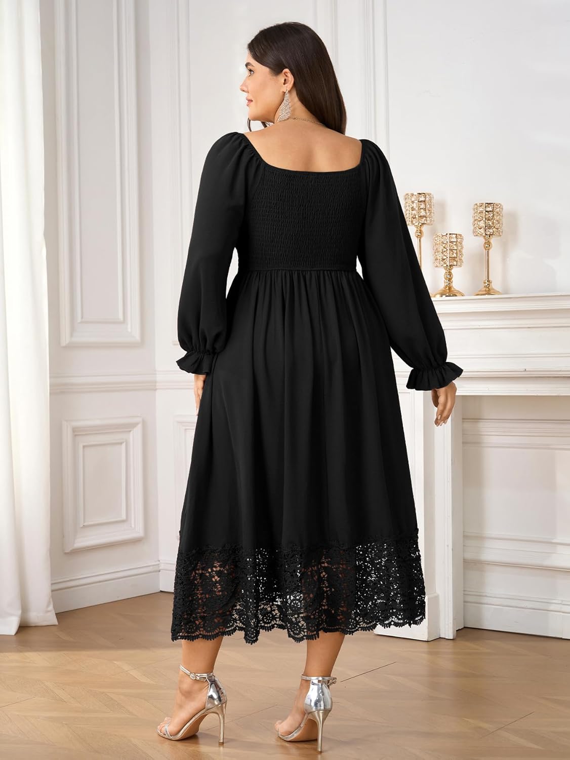 Women's Plus Size Maxi Dress Long Sleeve Square Neck Smocked Flowy A-Line Lace Trim Wedding Guest Dresses - Image 6