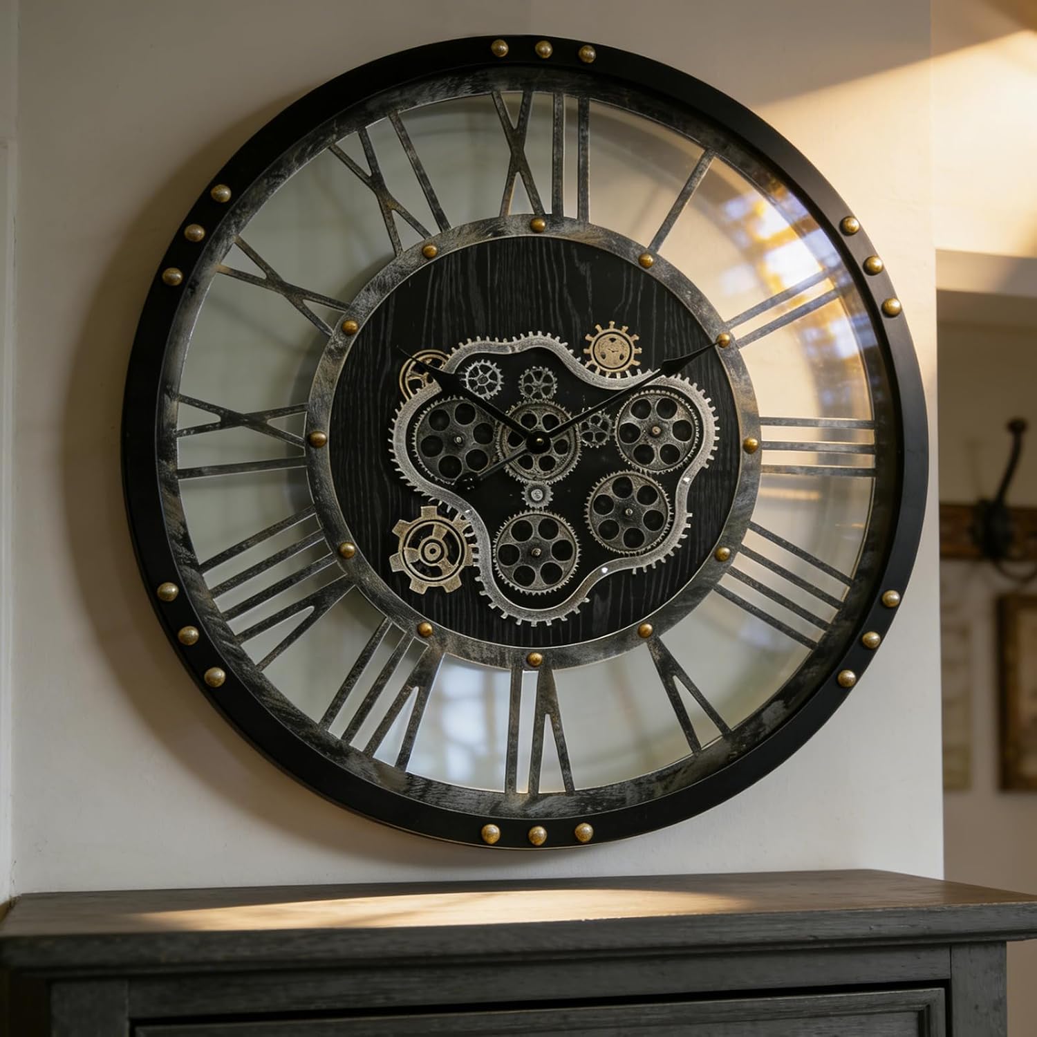 Steampunk Wall Clock with Moving Gears, Kinetic Mechanical Industrial Design, Retro Distressed Iron Finish, Dynamic Art for Living Room and Bar Decor, 36 Inch