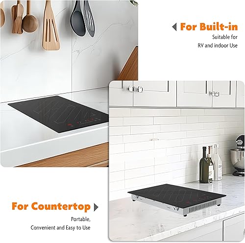 Miniatura 7 de Placa de inducción de 12 pulgadas, 2 quemadores, estufa eléctrica integrada de 1700 W y encimera con enchufe, control deslizante, 9 niveles de