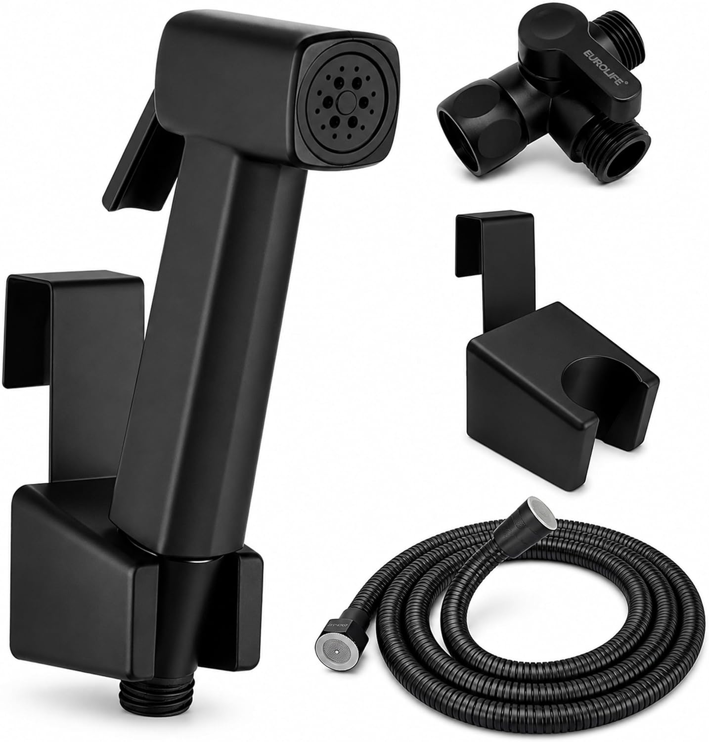Handheld Bidet Sprayer for Toilet, Lockable Push Button, High Pressure Bathroom Sprayer, Cloth Diaper & Personal Hygiene Sprayer, Tank Mount No-Drill Install, Stainless Hose Set, Black Color