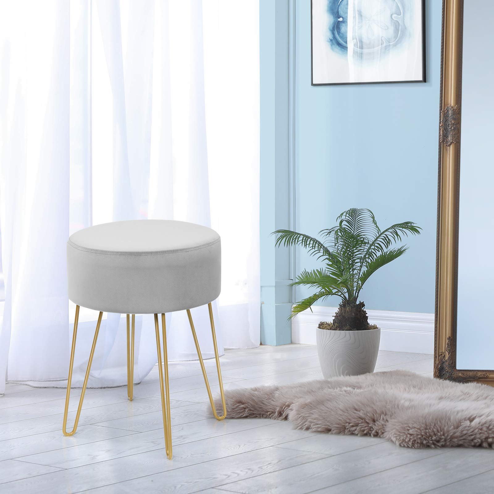 COSTWAY Siège de Coiffeuse Rembourré, Pouf Repose-Pieds Moderne Rond, Tabouret en Velours avec Pieds Métalliques Robustes, pour Salon, Chambre (Gris)