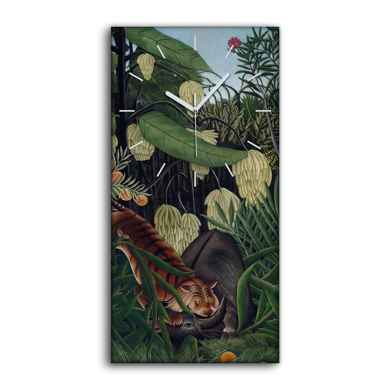 Horloge sur toile avec aiguilles blanches contrastées et motif tigre de la jungle
