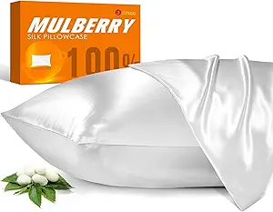 100% Mulberry Silk Pillowcase for Hair and Skin, 22 Momme Pure Natural Silk Pillow Case Both Sided with Zipper, Pillow Cover for Women Mom Men (White, Standard 20''×26'')