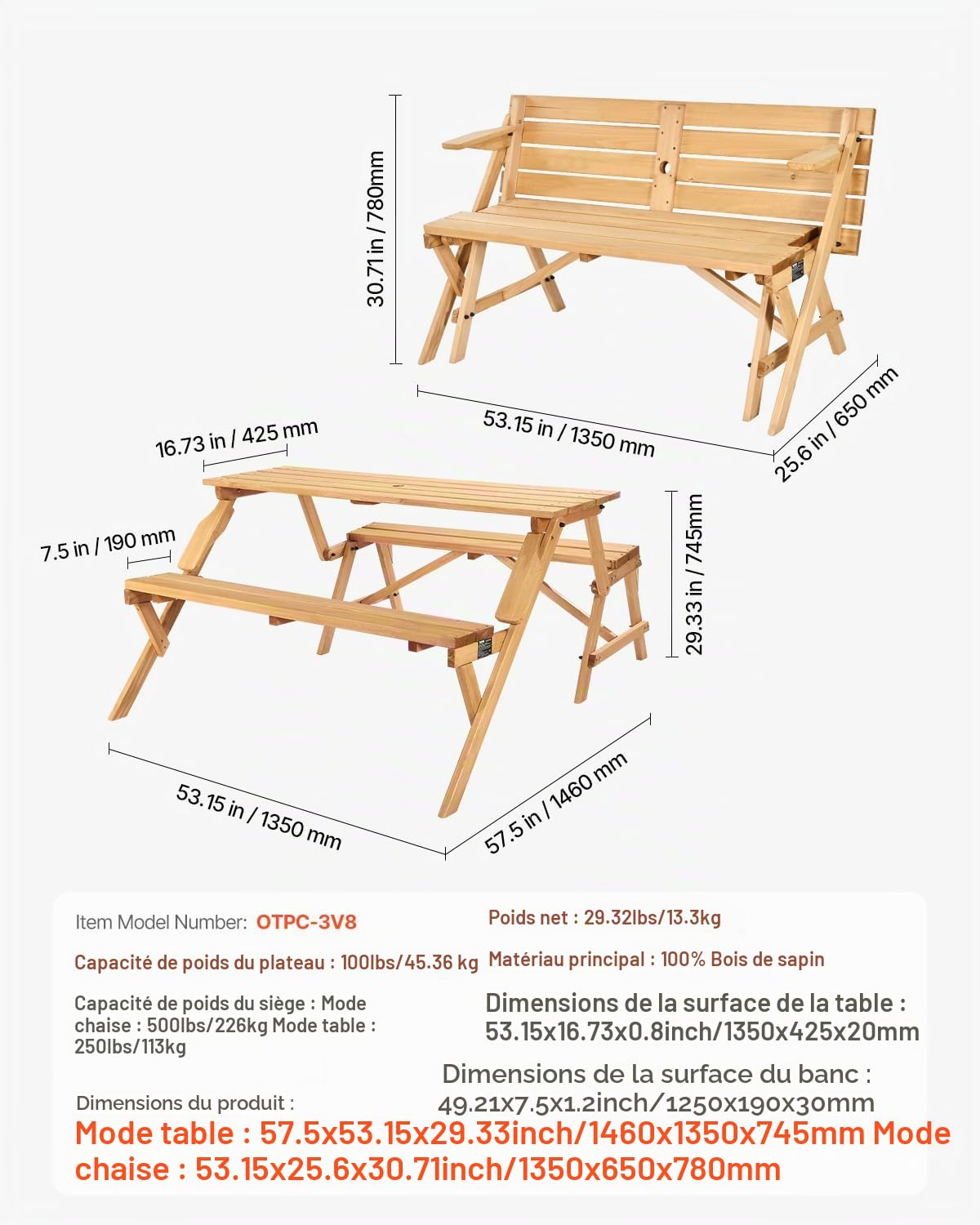 VEVOR Table de Pique-Nique Interchangeable 2 en 1 Transformable, Ensemble Table et Banc d'extérieur en Bois, Banc Pliable Portable avec Trou pour Parasol, pour Jardin, arrière-Cour, Porche, Marron