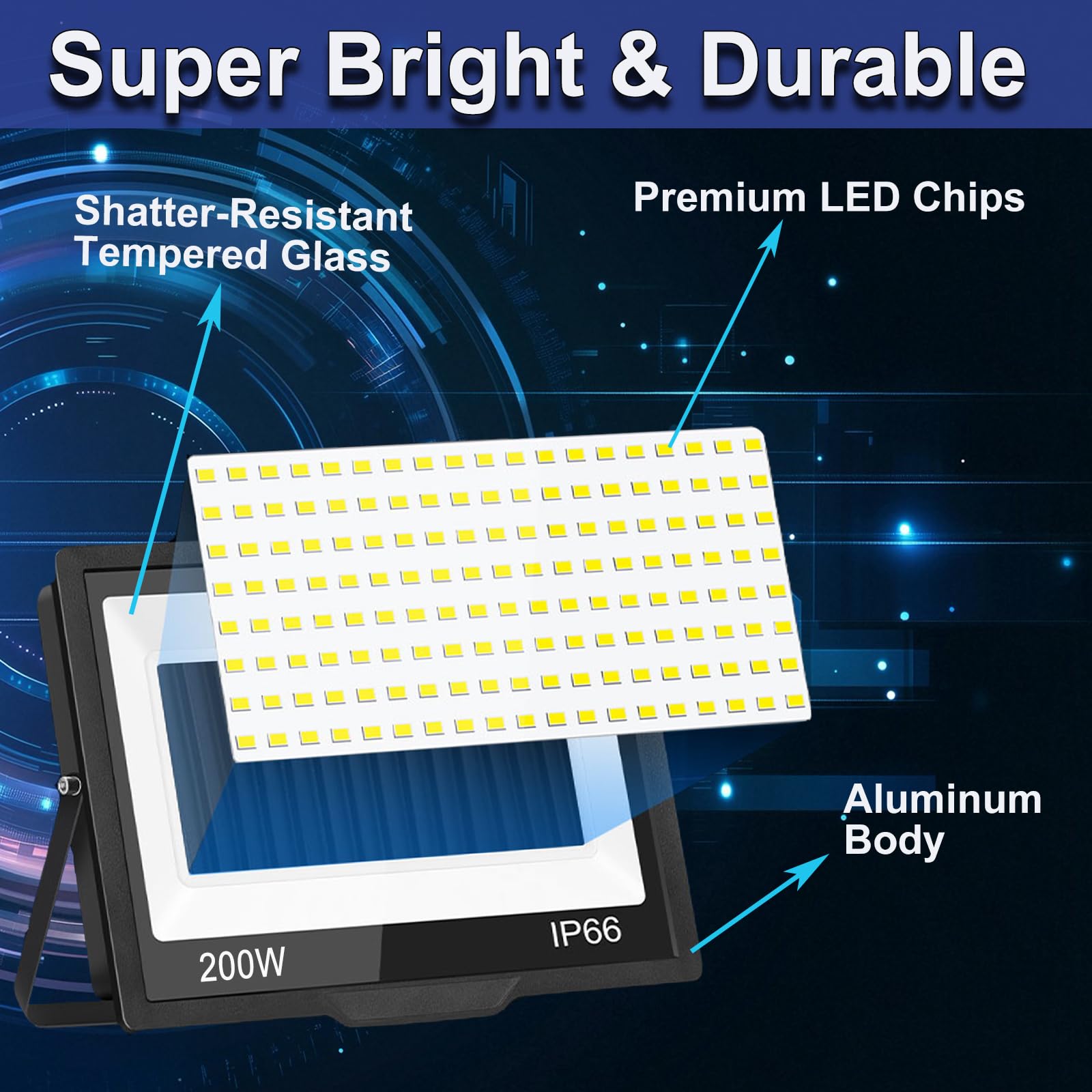 ZAROVS 200W LED Flood Light Outdoor, 20000LM Bright Plug-in Flood