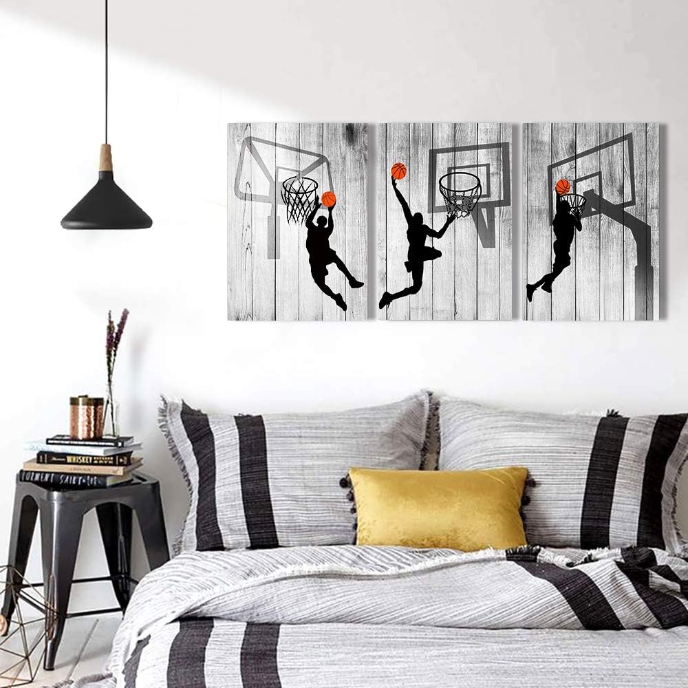 Black and white Canvas Wall Art for living room bathroom and bedroom kitchen wall decor artwork Canvas Prints play basketball sport painting 16" x 24"3 Piece Modern framed office Home decorations