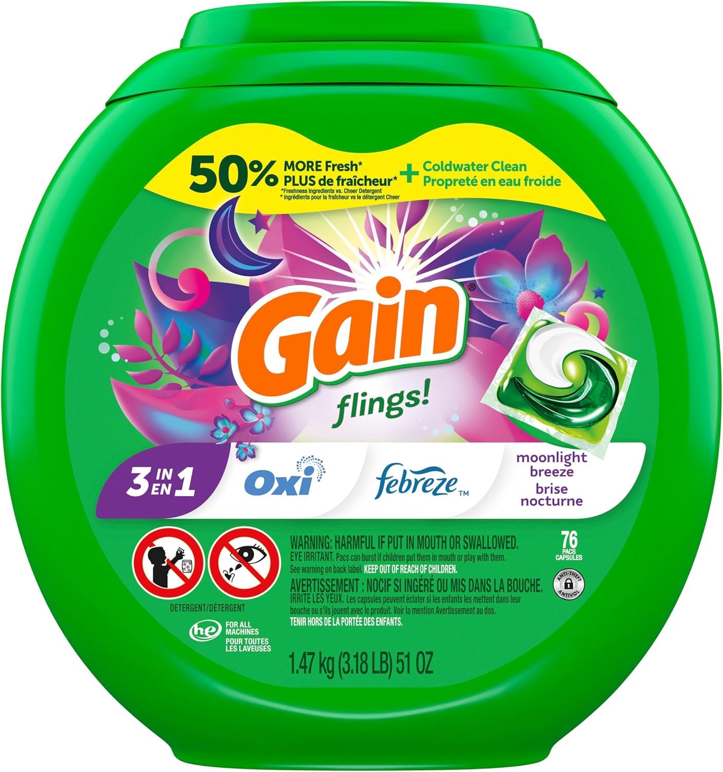 Gain Flings Liquid Washing Detergent Pods with Odor Defense + Color Guard, Moonlight Breeze Scent, 4-in-1 Liquid Laundry Detergent Pacs, Clean &amp; Fresh, 76 Count (Packaging May Vary)